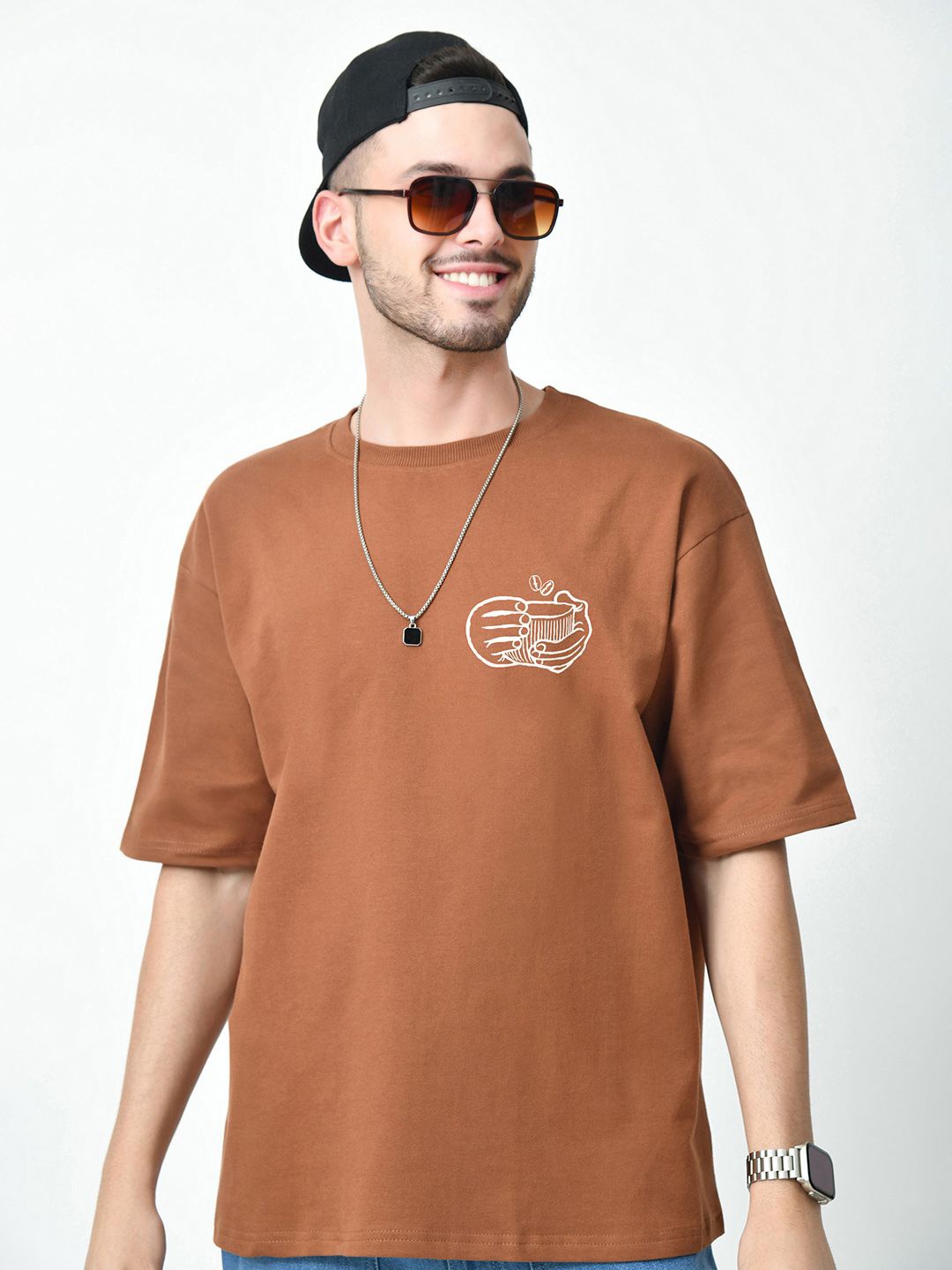 

EKSDEE Men Graphic Printed Round Neck Cotton Oversized T-shirt, Rust