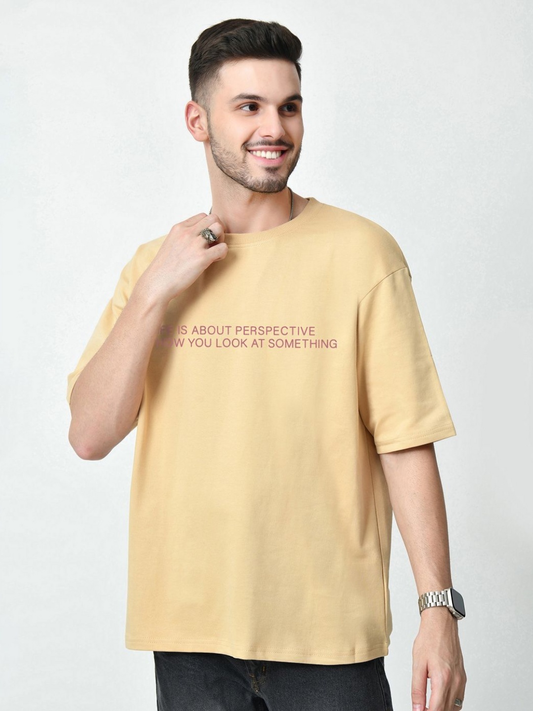

EKSDEE Men Graphic Printed Round Neck Cotton Relaxed Fit T-shirt, Beige