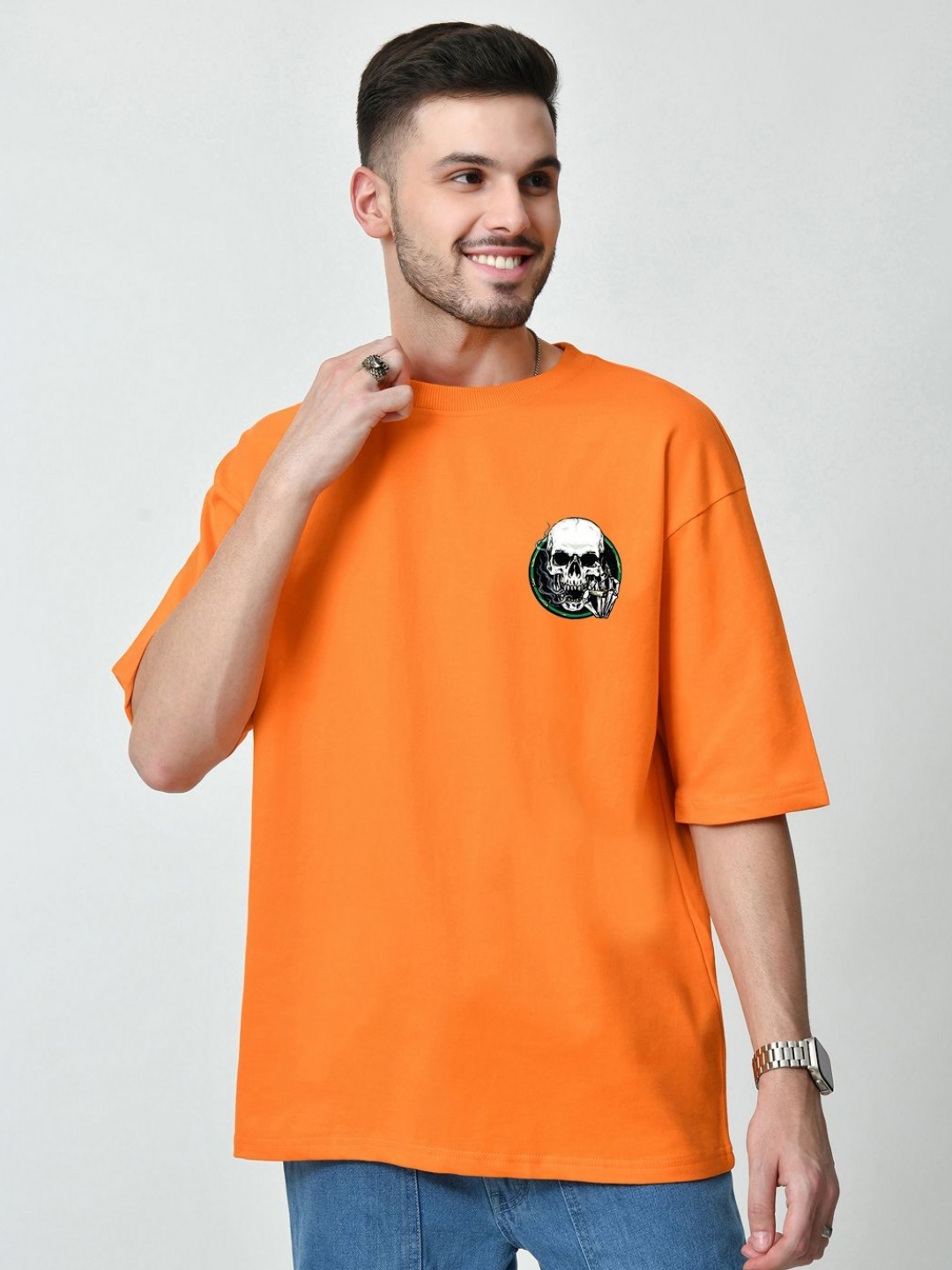 EKSDEE Men Graphic Printed Round Neck Cotton Relaxed Fit T-shirt, Orange