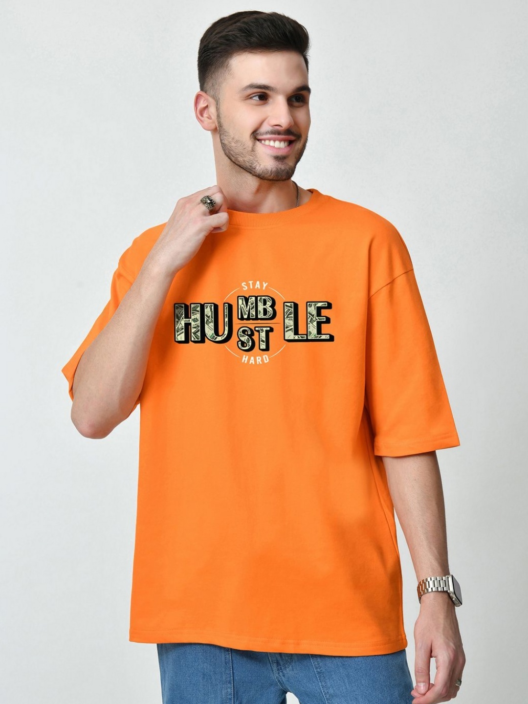 

EKSDEE Men Typography Printed Round Neck Cotton Relaxed Fit T-shirt, Orange