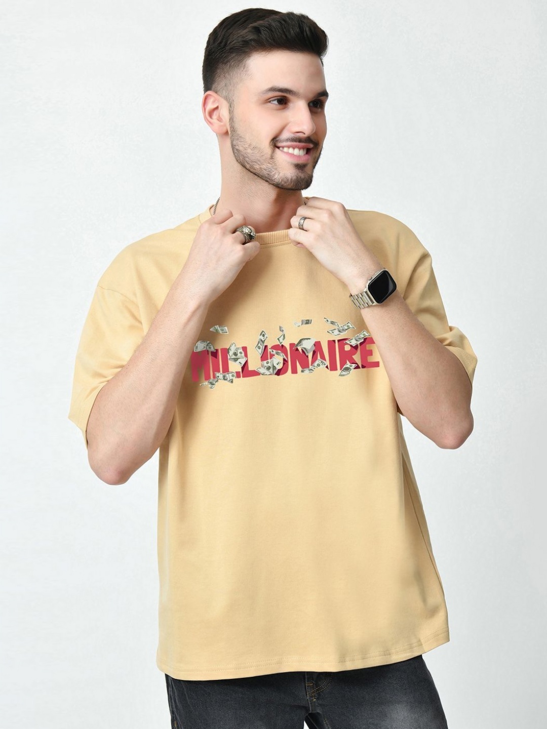 

EKSDEE Men Graphic Printed Round Neck Cotton Relaxed Fit T-shirt, Beige
