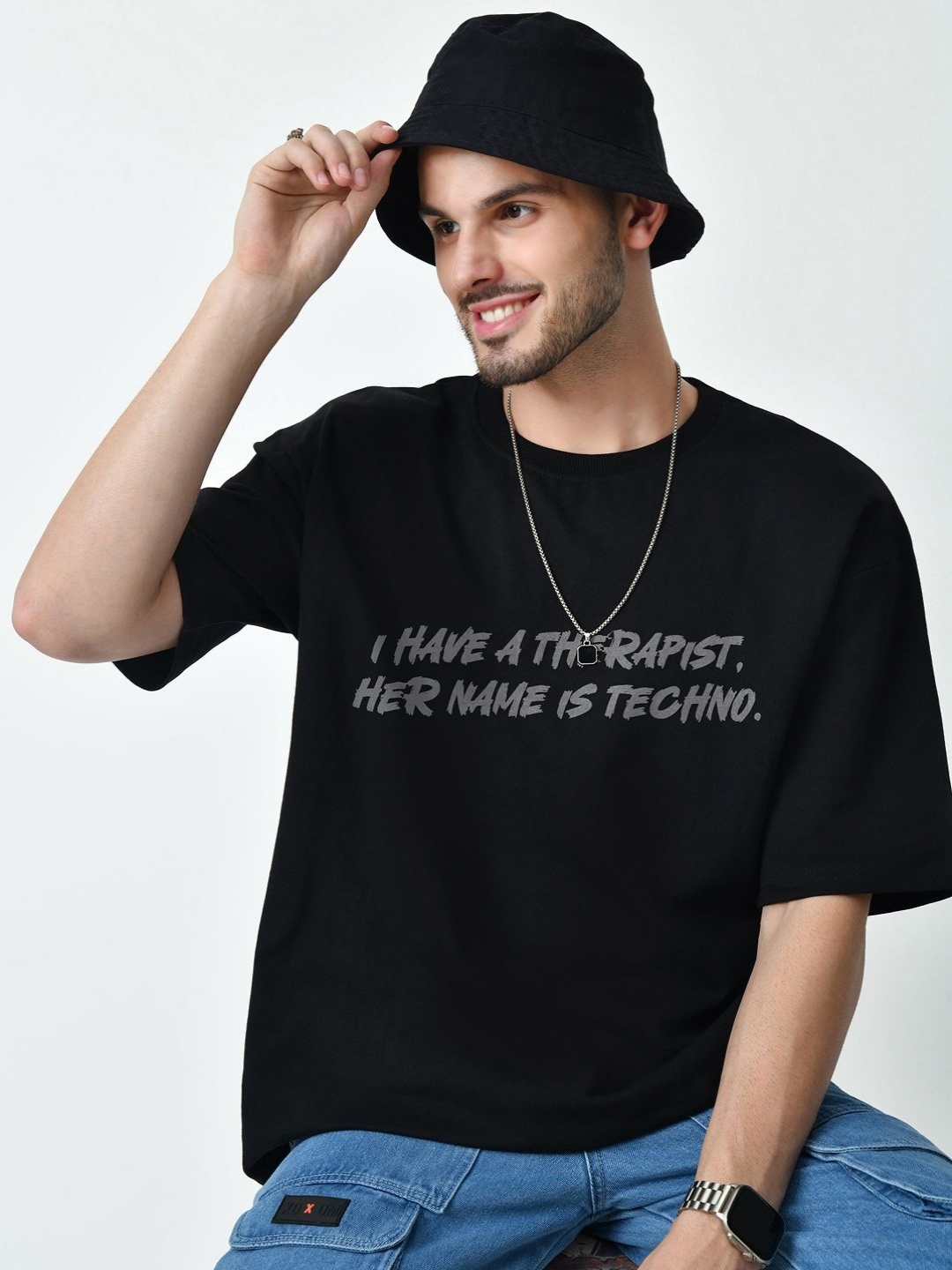 

EKSDEE Men Typography Printed Round Neck Cotton Oversized T-shirt, Black