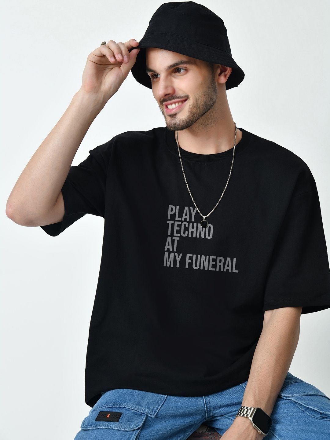EKSDEE Men Typography Printed Round Neck Cotton Oversized T-shirt, Black