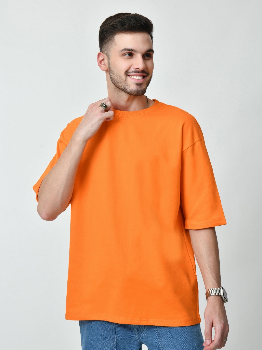 

EKSDEE Men Solid Round Neck Cotton Oversized T-shirt, Orange