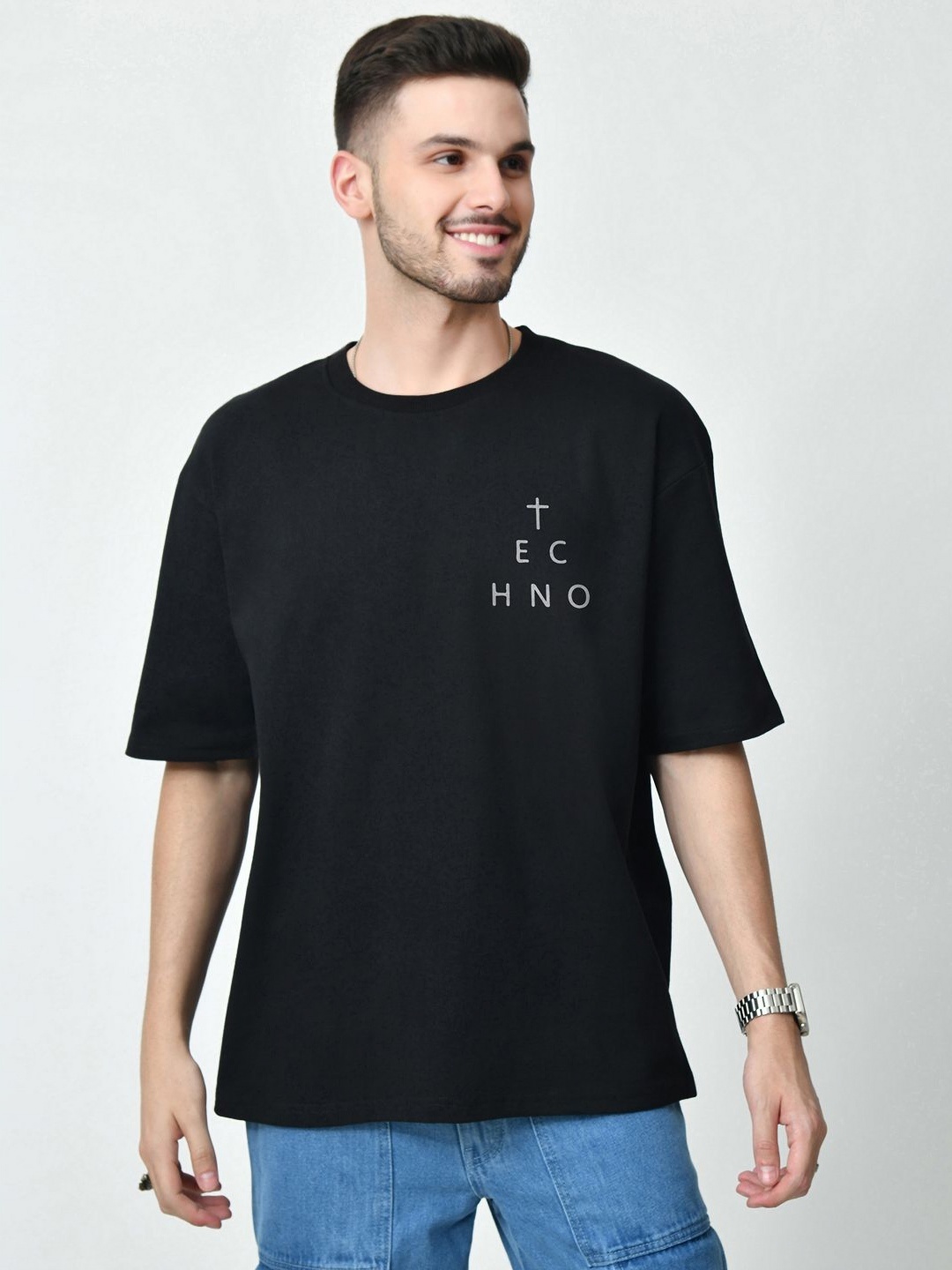 

EKSDEE Men Typography Printed Round Neck Cotton Oversized T-shirt, Black