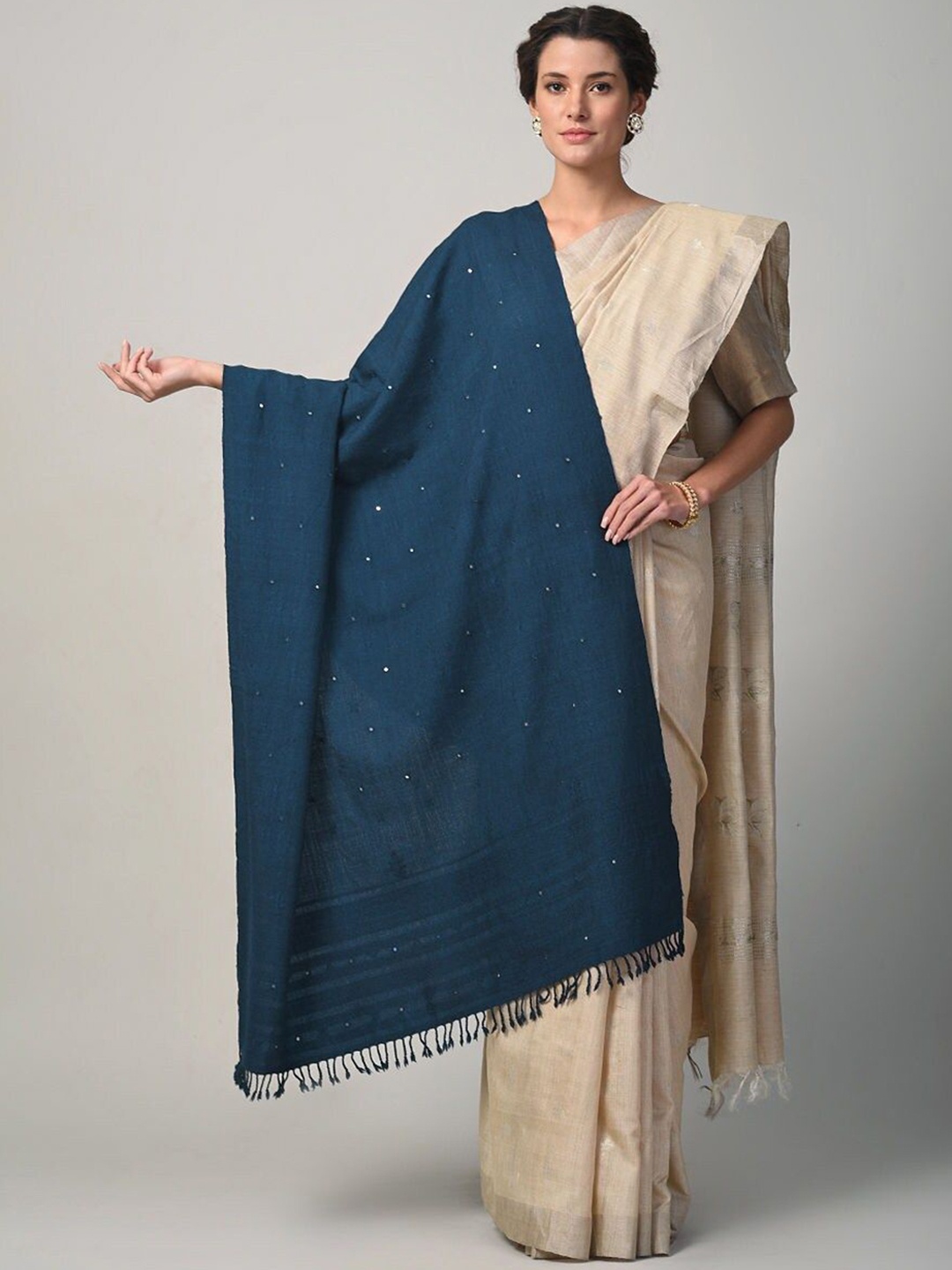 

JAYPORE Polka Dots Embroidered Mirror Work Woollen Shawl, Blue