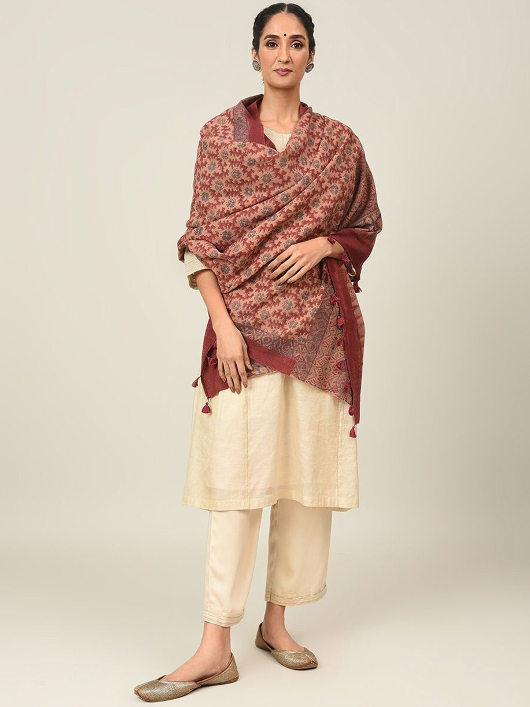 

JAYPORE Ethnic Motifs Printed Woollen Shawl, Pink