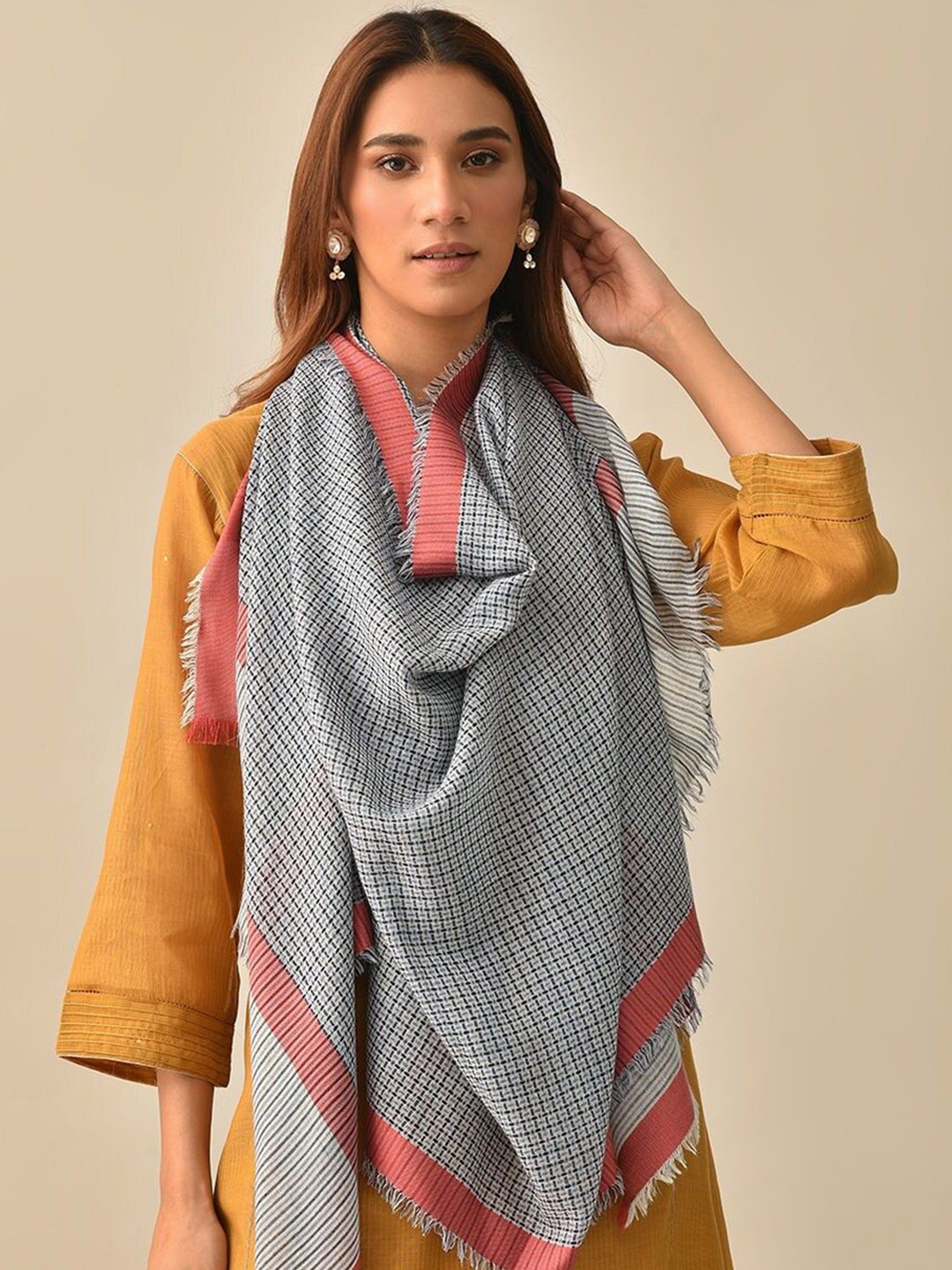 

JAYPORE Geometric Printed Woollen Shawl, Grey