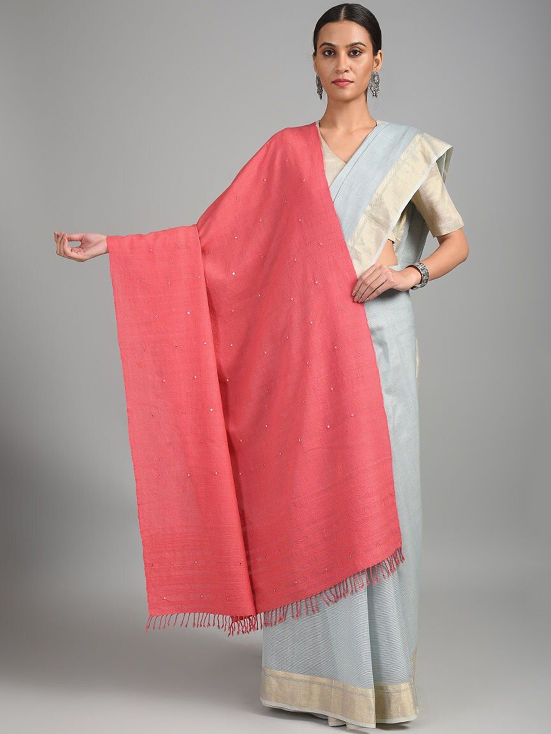 

JAYPORE Polka Dot Embroidered Mirror Work Woollen Shawl, Pink