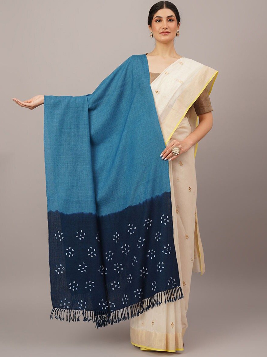 

JAYPORE Bandhani Printed Woollen Shawl, Navy blue