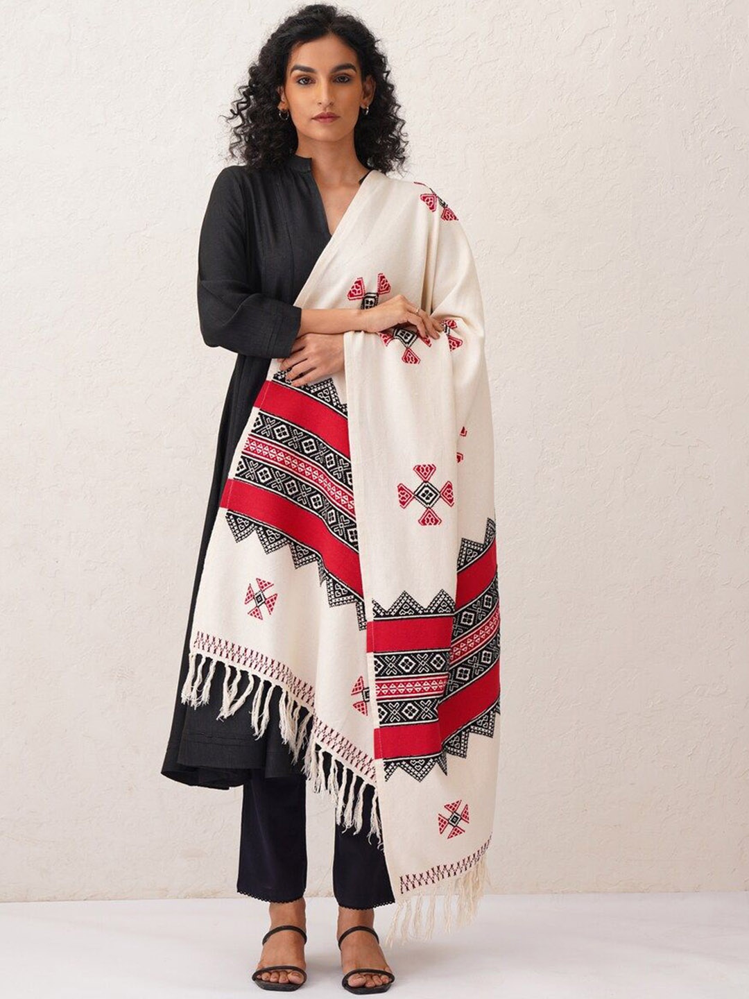 

JAYPORE Geometric Woven Design Cotton Shawl, Maroon