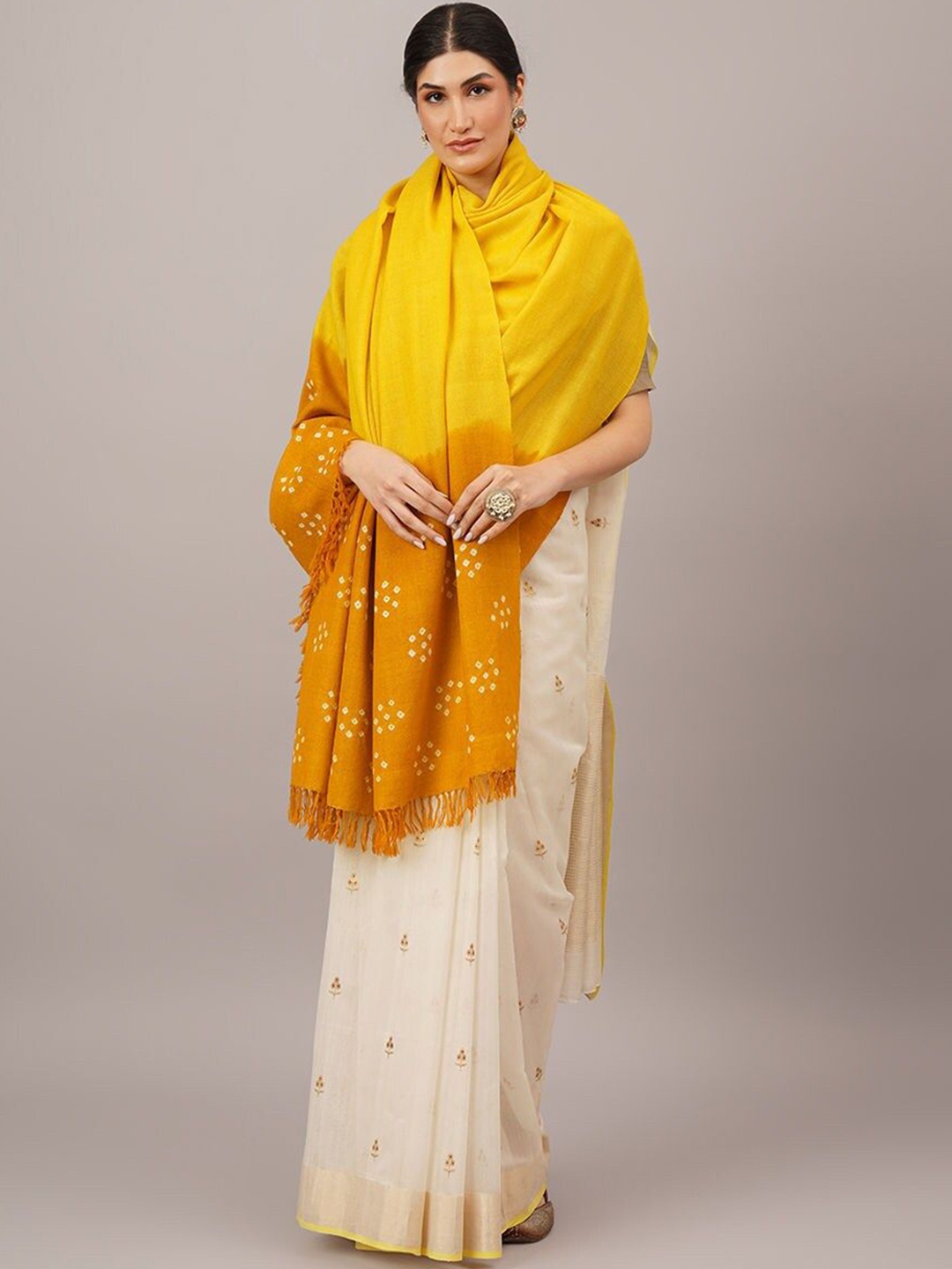 

JAYPORE Bandhani Printed Woollen Shawl, Orange