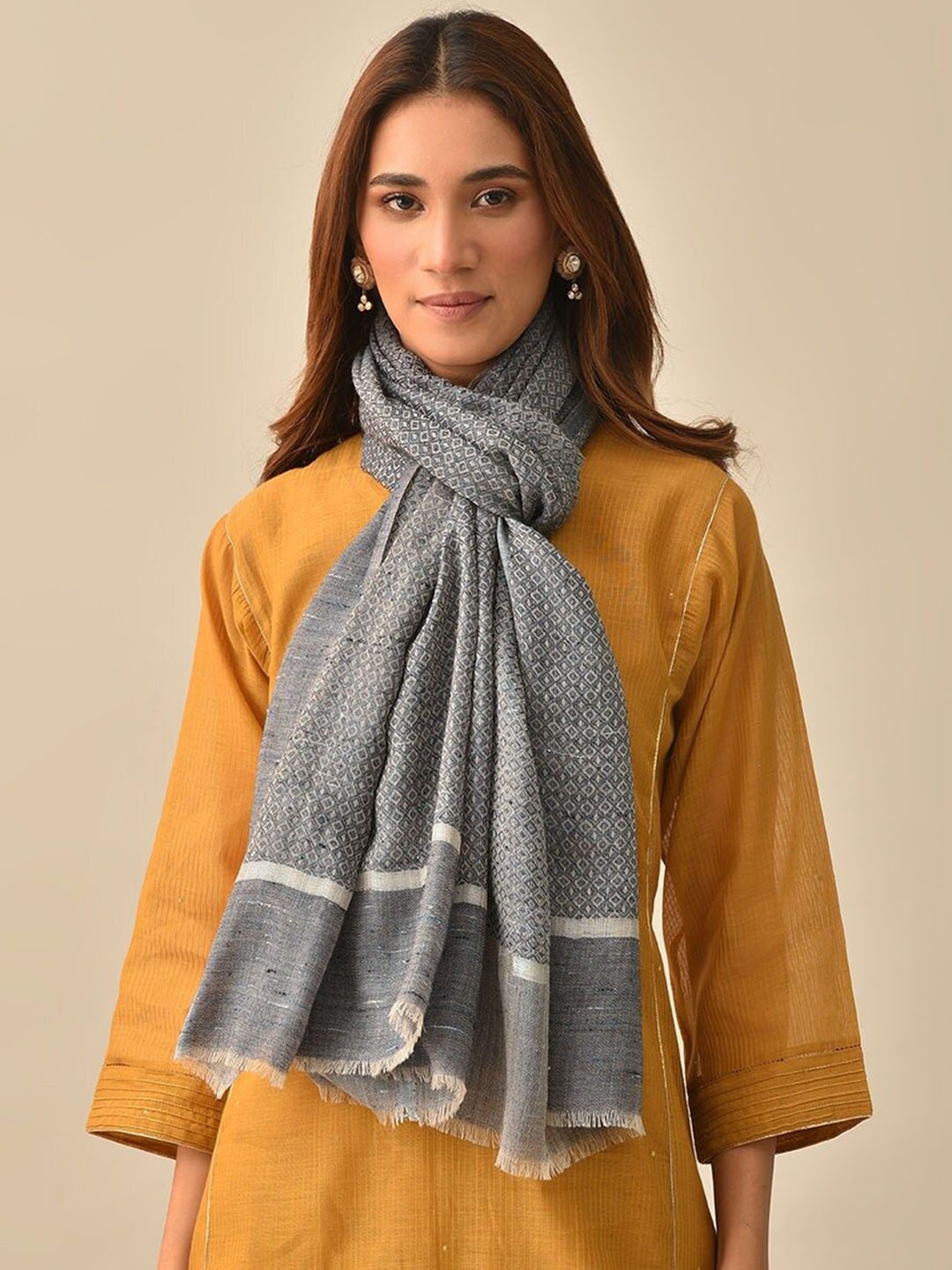 

JAYPORE Striped Woven Design Woollen Shawl, Grey