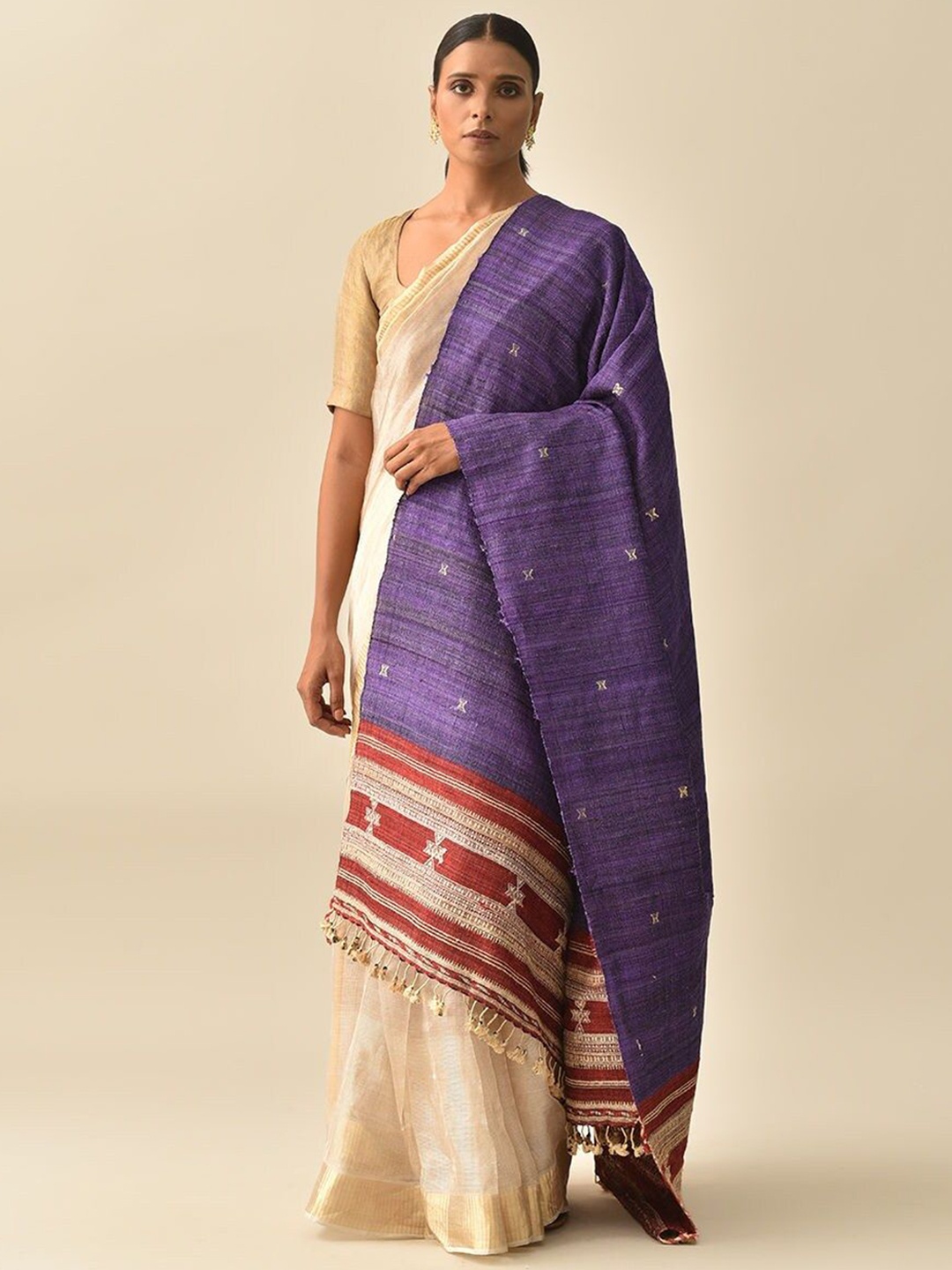 

JAYPORE Floral Woven Design Pure Wool Tasselled Shawl, Red