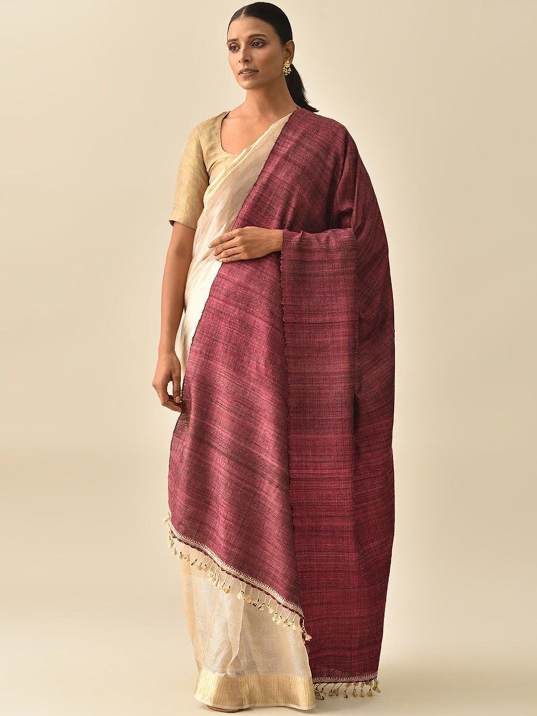 

JAYPORE Striped Woven Design Wool Tasselled Shawl, Red