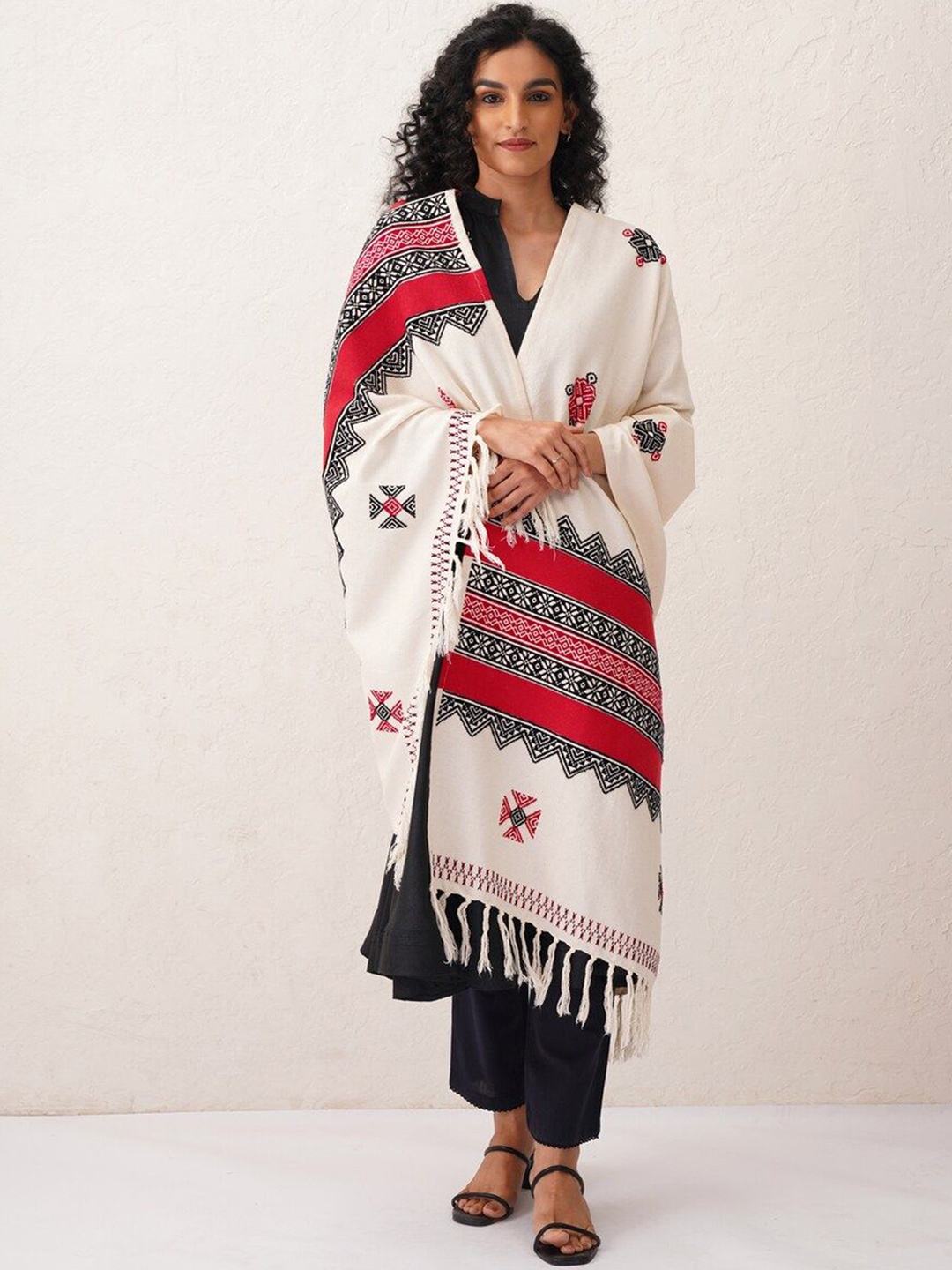 

JAYPORE Ethnic Motifs Printed Cotton Shawl, White