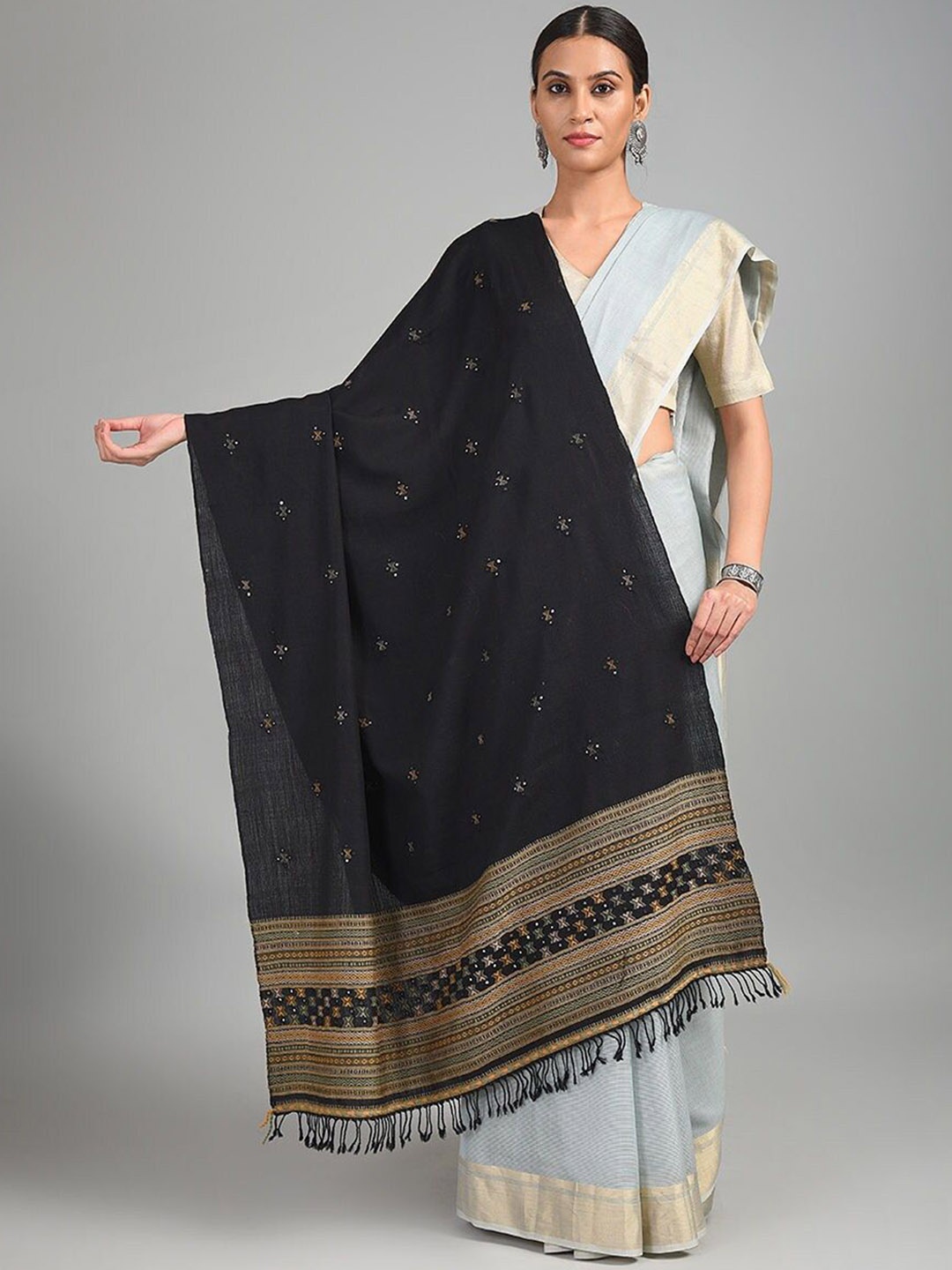 

JAYPORE Ethnic Motifs Printed Woollen Shawl, Black