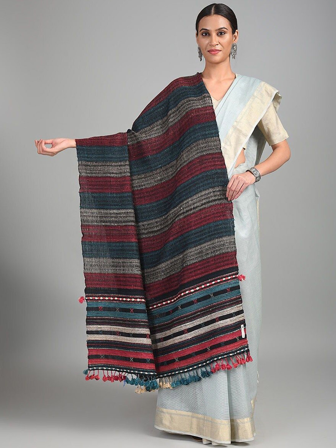 

JAYPORE Striped Printed Woollen Shawl, Black