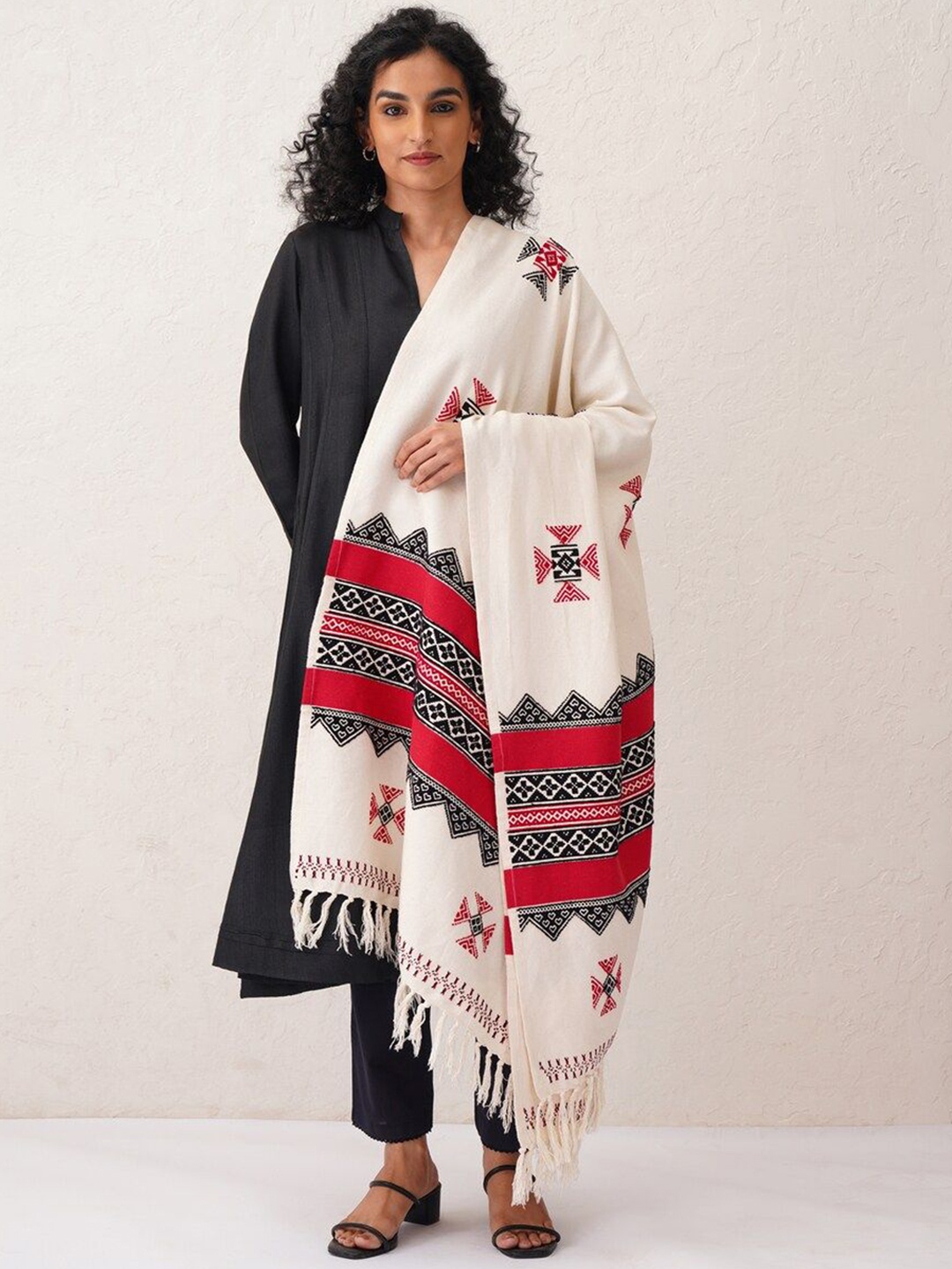 

JAYPORE Ethnic Motifs Printed Cotton Shawl, White