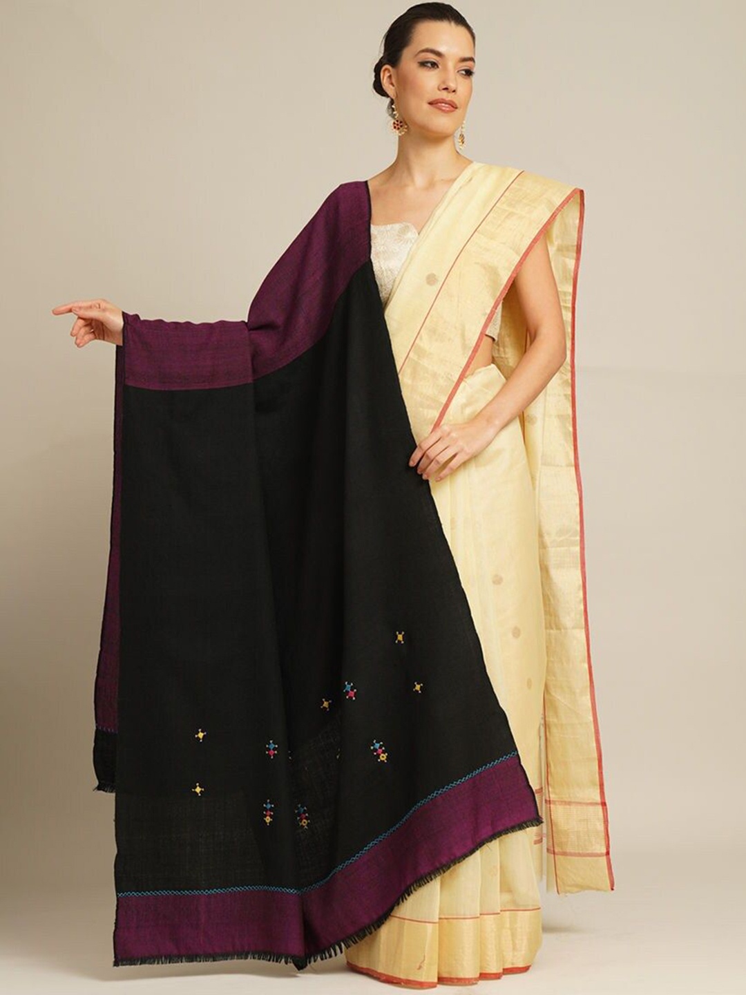 

JAYPORE Ethnic Motifs Woven Design Woollen Shawl, Black