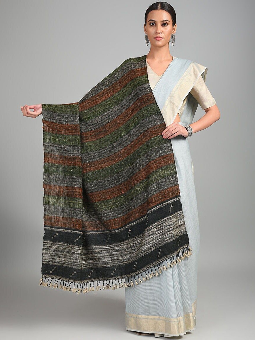 

JAYPORE Striped Printed Woollen Shawl, Black
