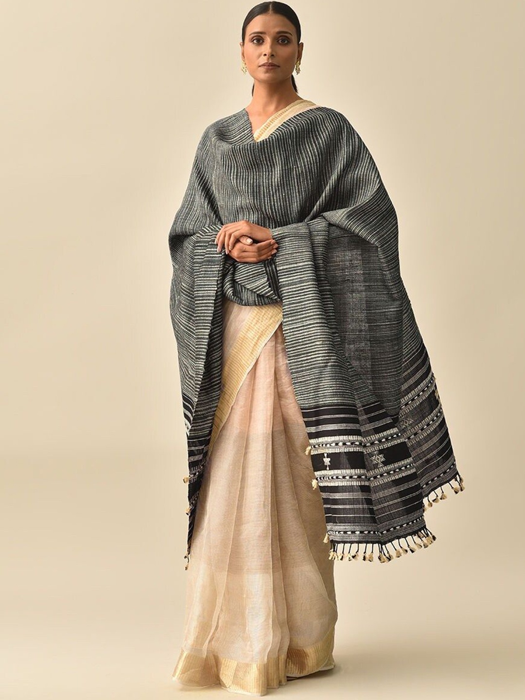 

JAYPORE Striped Woven Design Wool Tasselled Shawl, Black