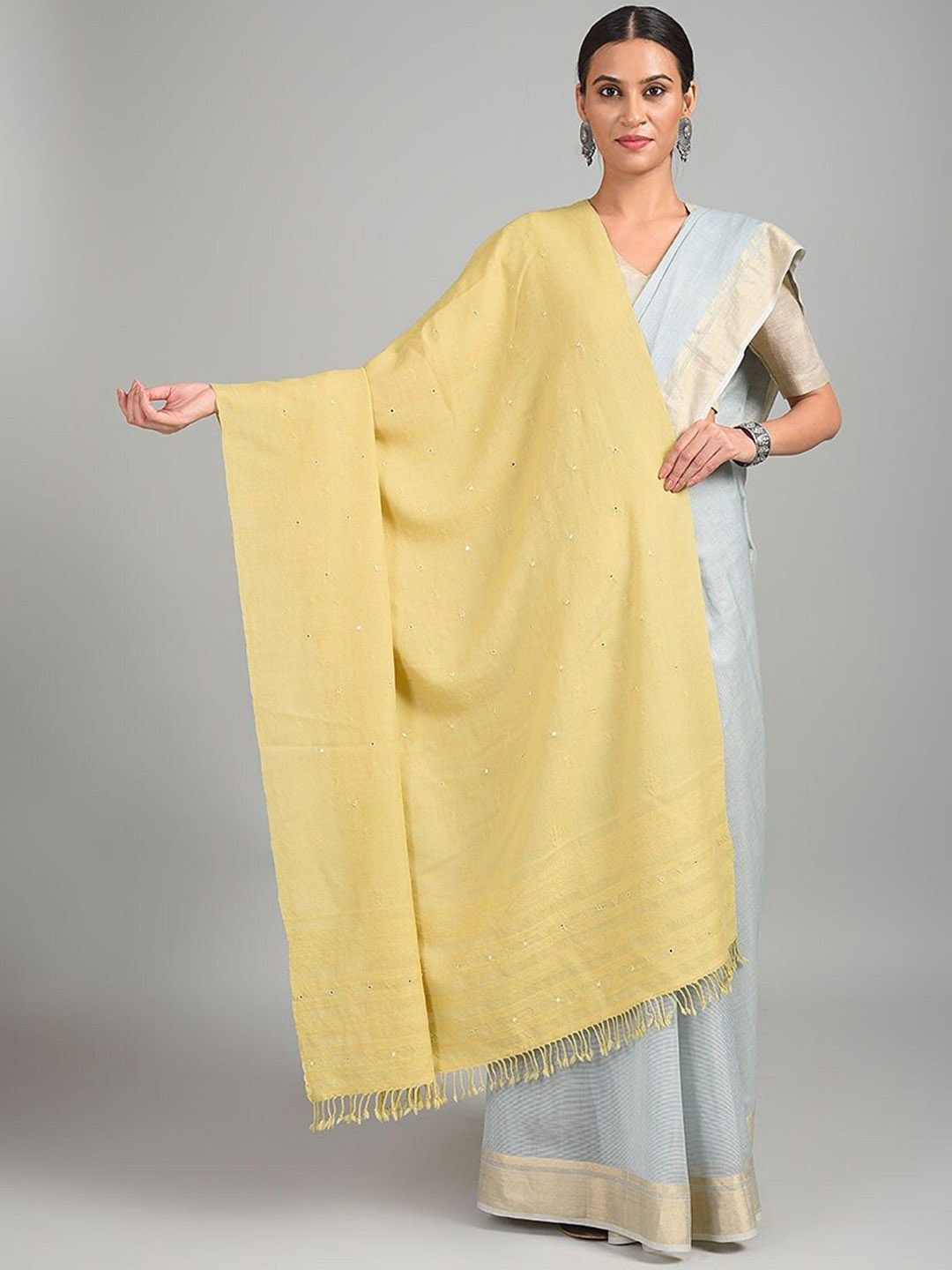 

JAYPORE Geometric Embroidered Mirror Work Woollen Shawl, Yellow