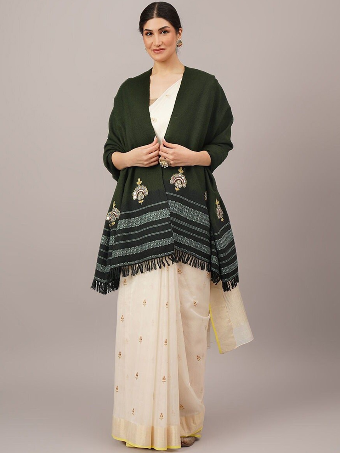 

JAYPORE Ethnic Motifs Embroidered Woollen Shawl, Green