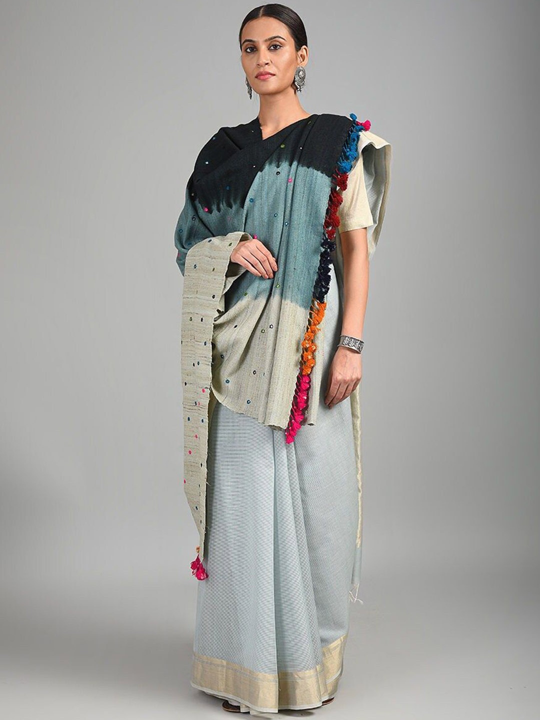 

JAYPORE Geometric Embroidered Mirror Work Woollen Shawl, Black