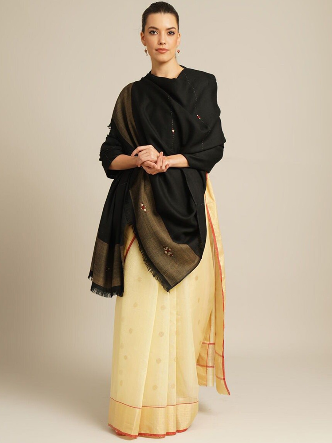 

JAYPORE Ethnic Motifs Embroidered Woollen Shawl, Black