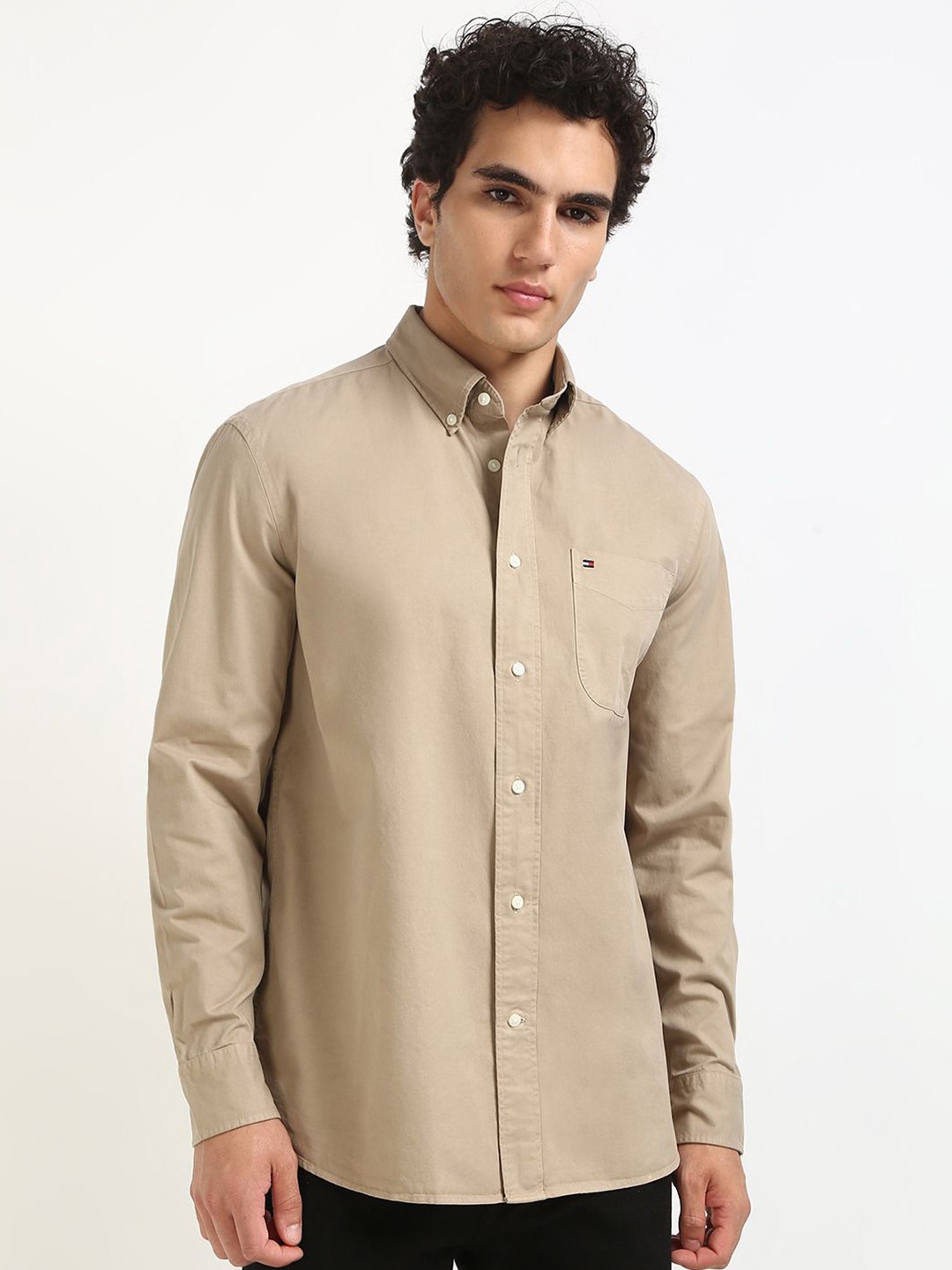 

Tommy Hilfiger Men Button-Down Collar Solid Cotton Relaxed Fit Casual Shirt, Beige