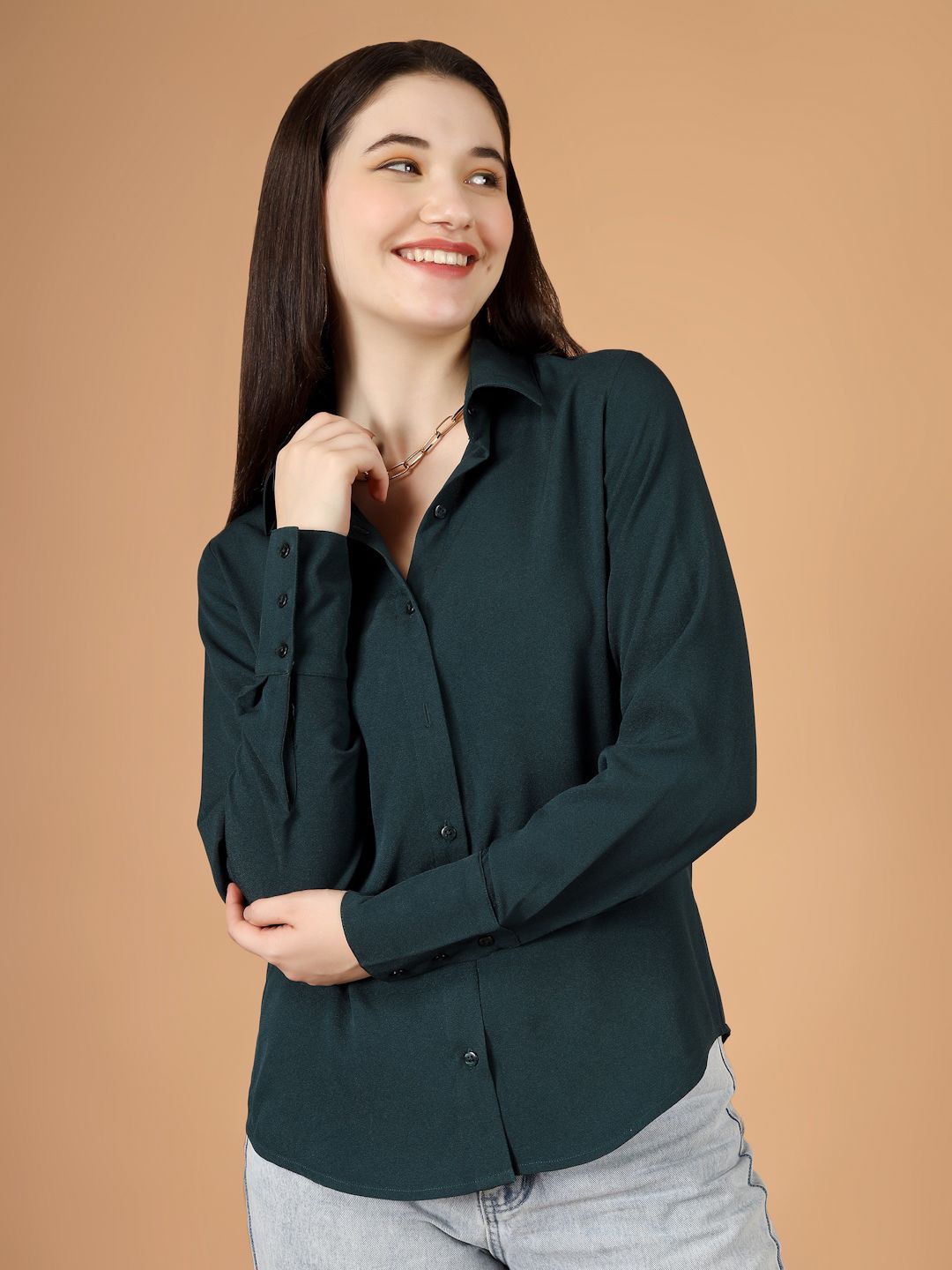 

angloindu Women Spread Collar Solid Casual Shirt, Teal