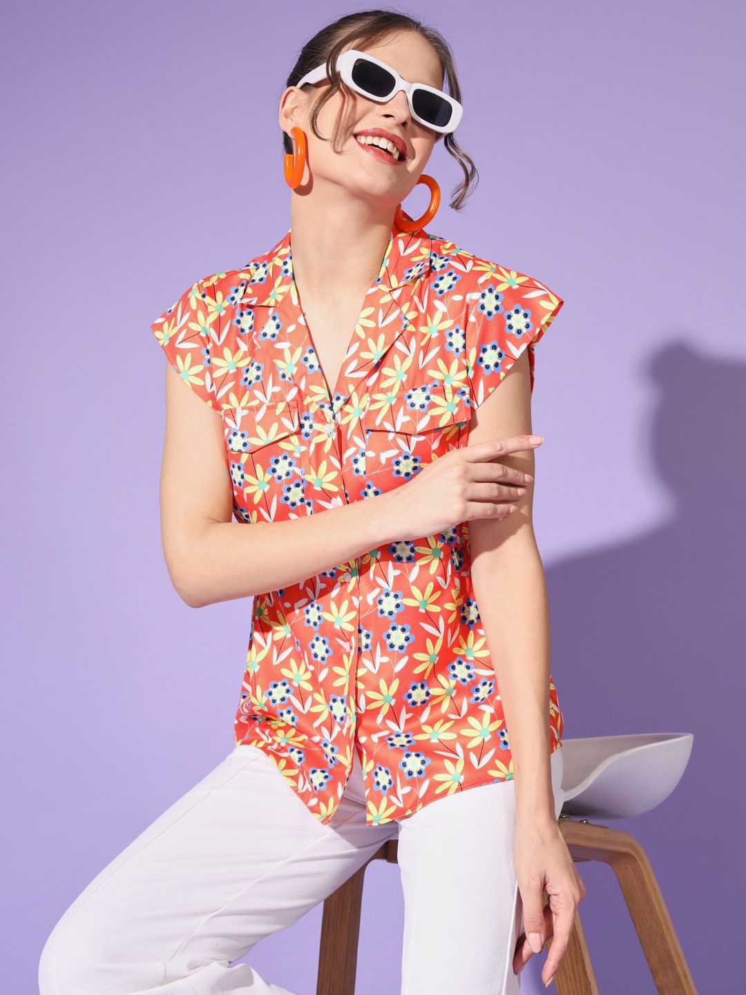 

angloindu Women Cuban Collar Solid Casual Shirt, Orange