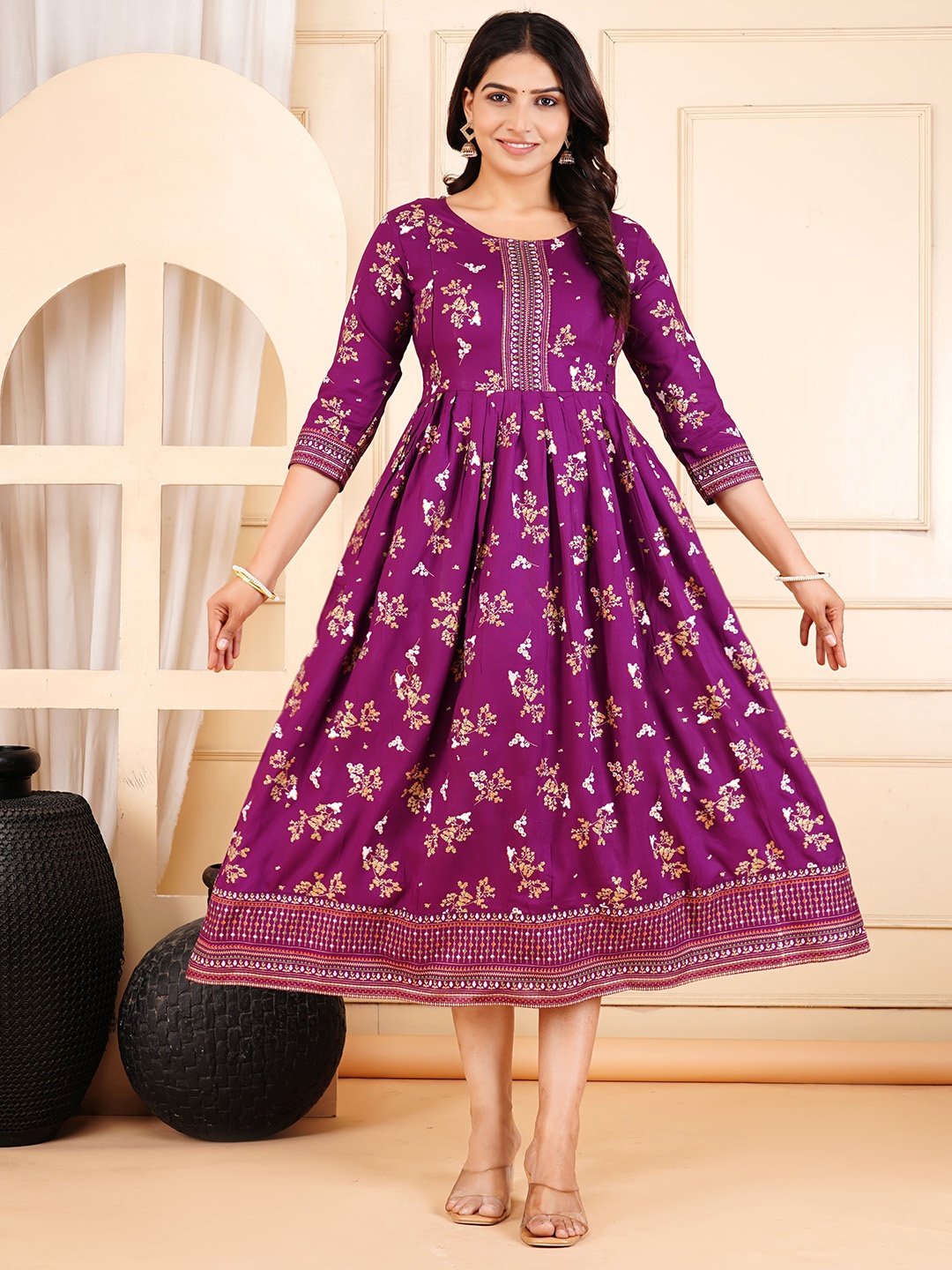 

KIAARON Floral Printed Round Neck Maternity Anarkali Midi Ethnic Dress, Purple