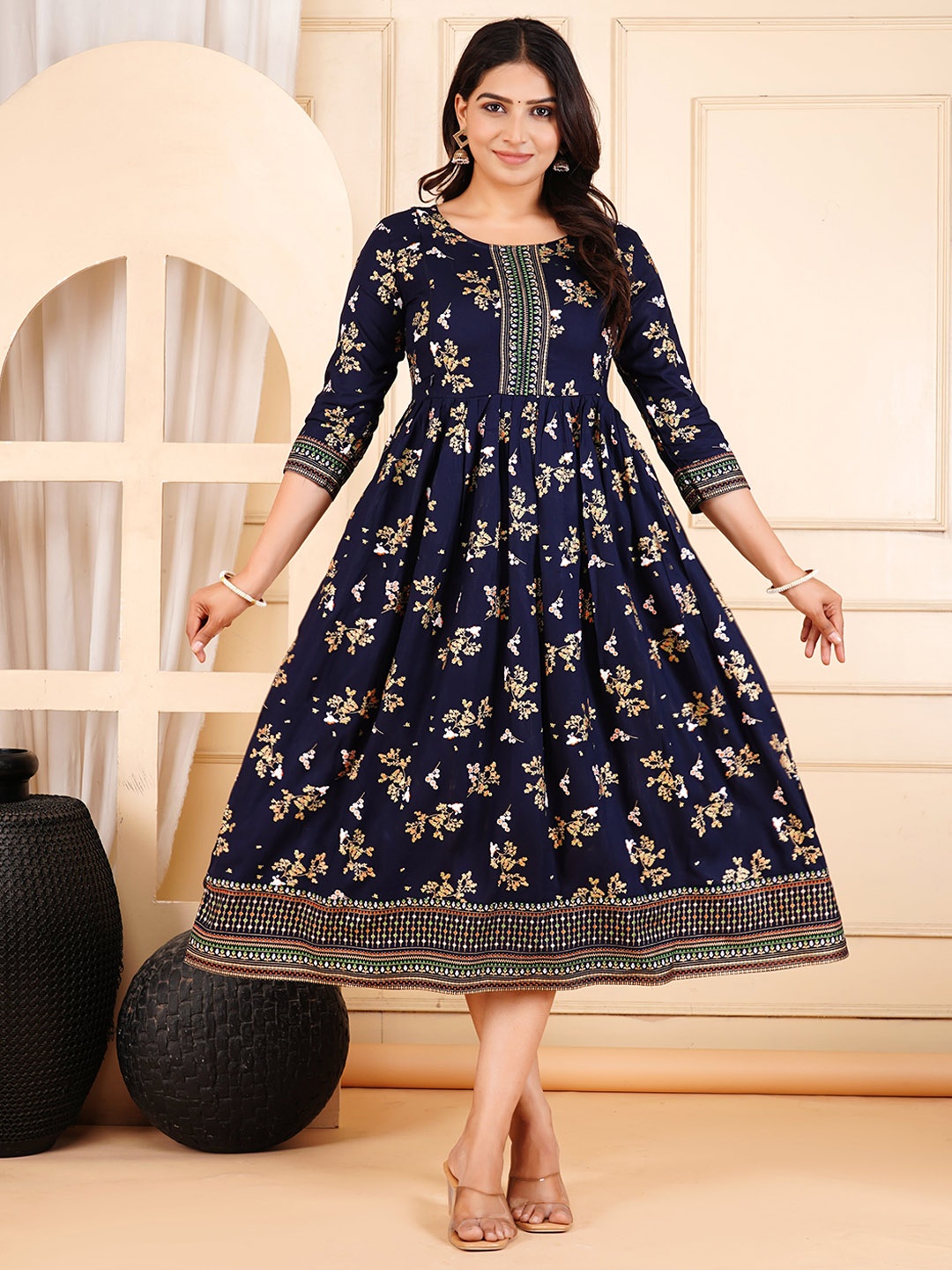 

KIAARON Floral Printed Round Neck Maternity Anarkali Midi Ethnic Dress, Blue
