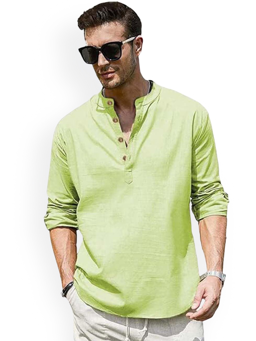 

EdinWolf Band Collar Roll-Up Sleeves Cotton Curved Kurta, Sea green
