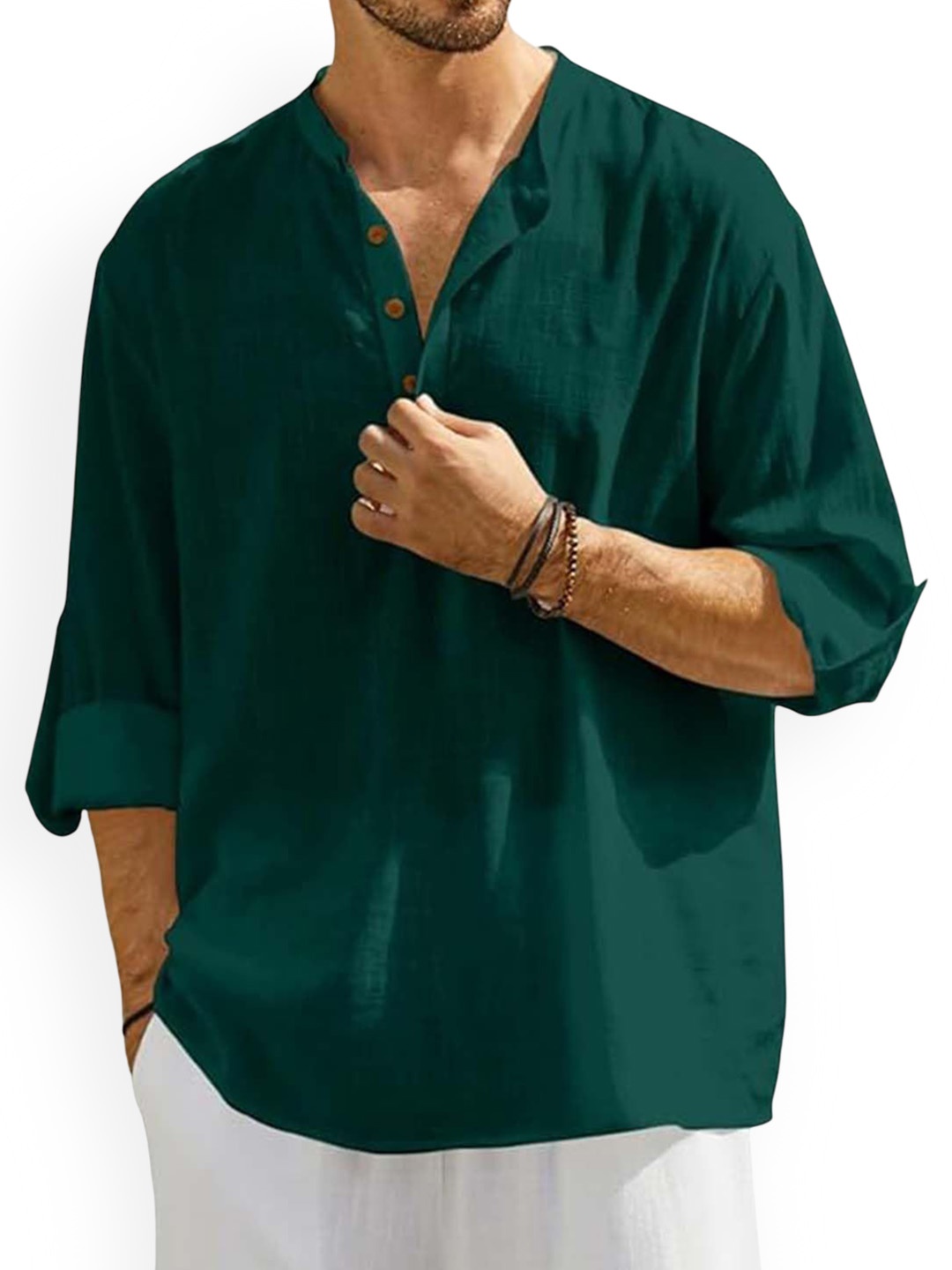 

EdinWolf Mandarin Collar Roll-Up Sleeves Pure Cotton Slim Fit Straight Short Kurta, Green