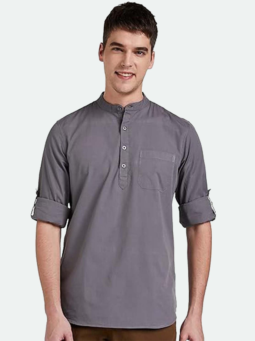 

EdinWolf Mandarin Collar Roll-Up Sleeves Pure Cotton Slim Fit Straight Short Kurta, Grey