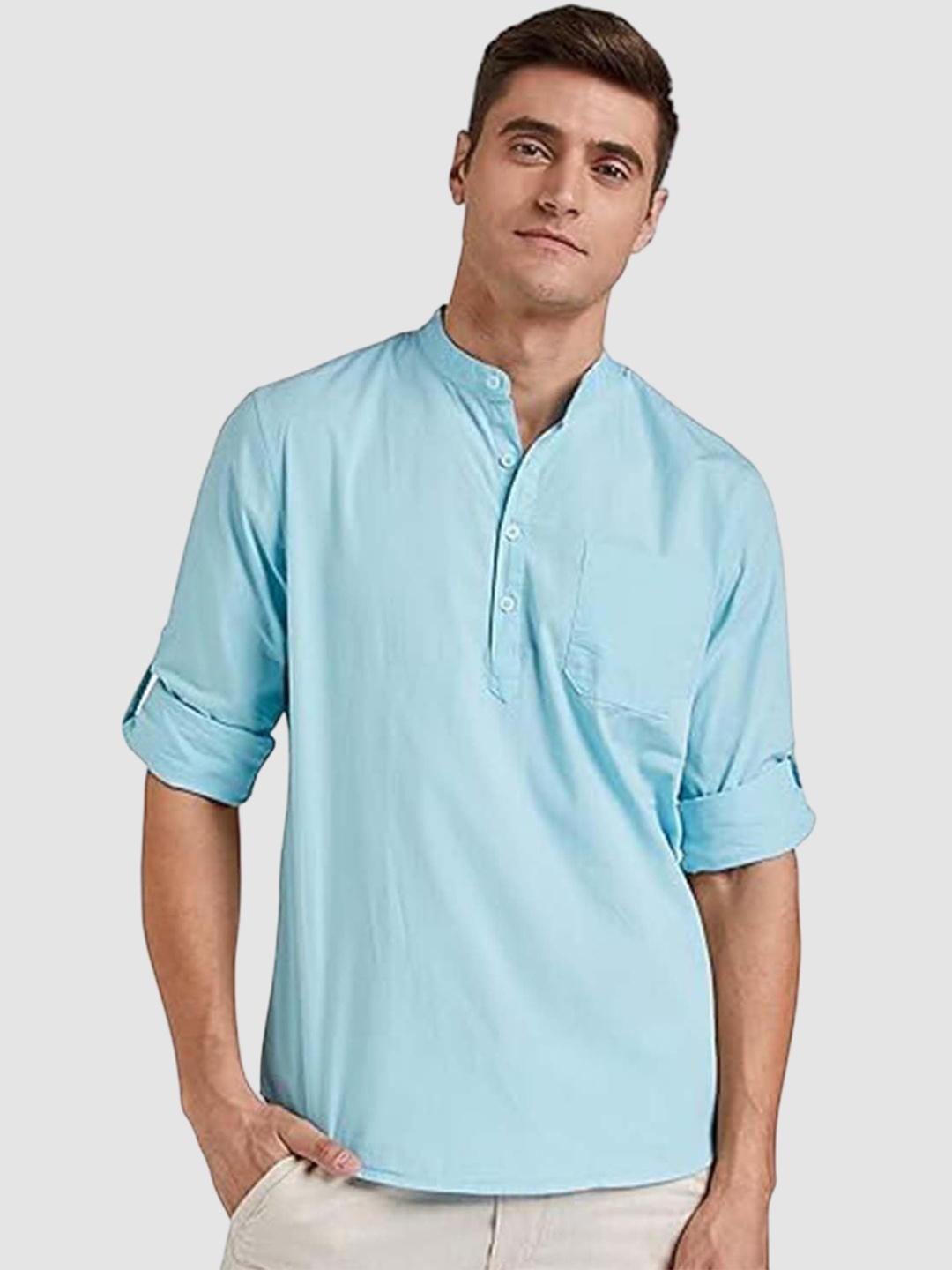 

EdinWolf Mandarin Collar Roll-Up Sleeves Pure Cotton Slim Fit Straight Short Kurta, Blue