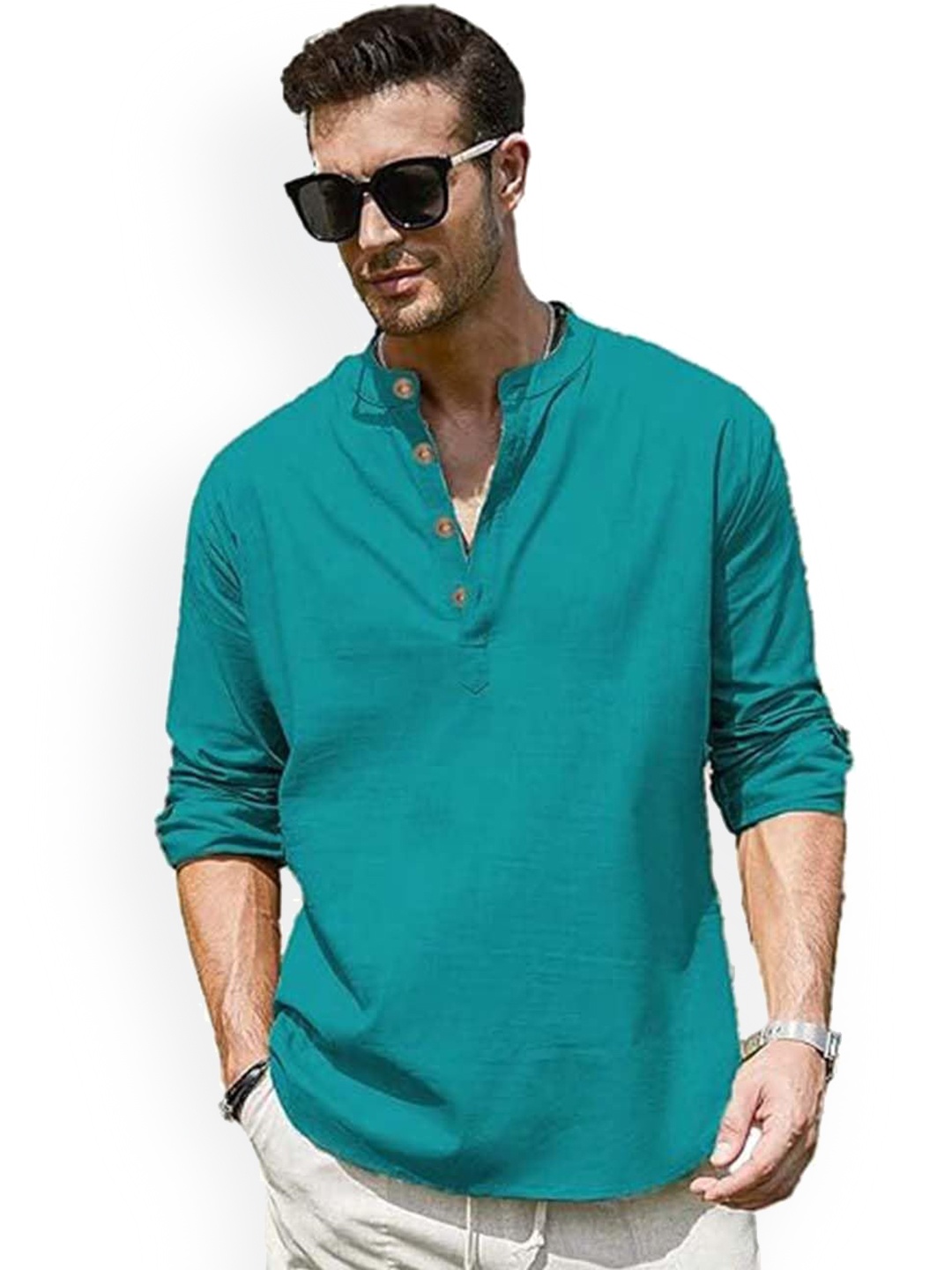 

EdinWolf Band Collar Roll-Up Sleeves Cotton Curved Kurta, Teal