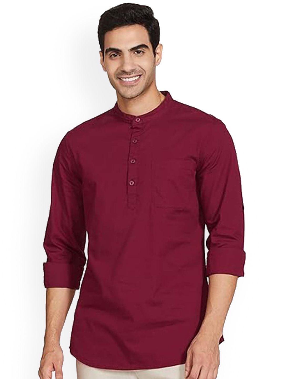 

EdinWolf Band Collar Roll-Up Sleeves Cotton Curved Kurta, Maroon