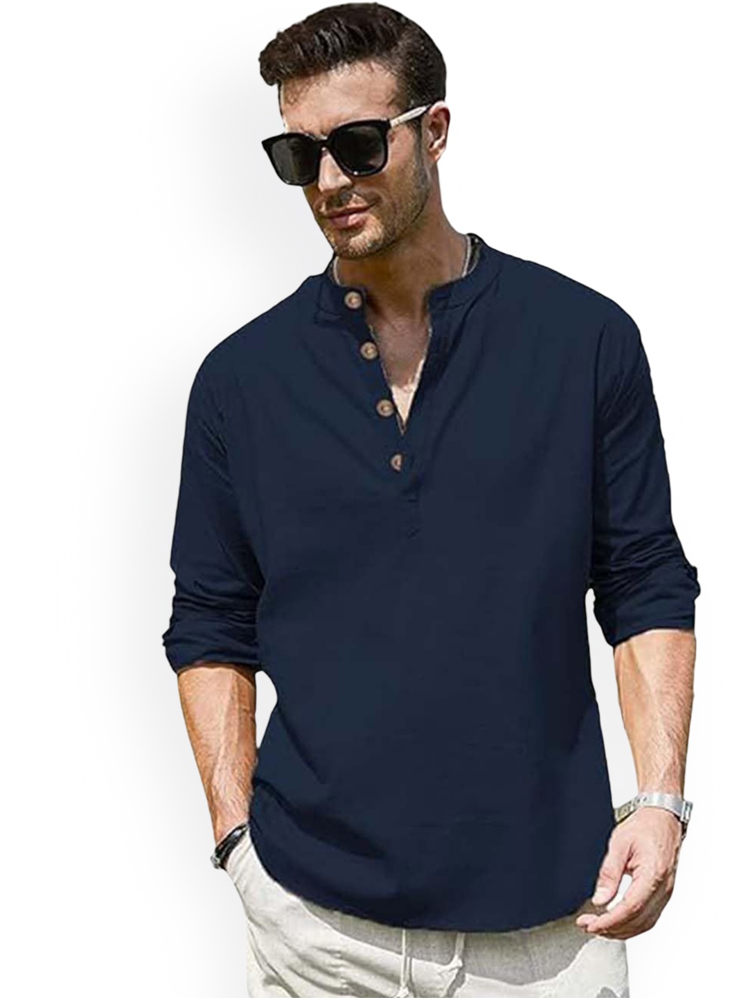 

EdinWolf Band Collar Roll-Up Sleeves Cotton Curved Kurta, Navy blue