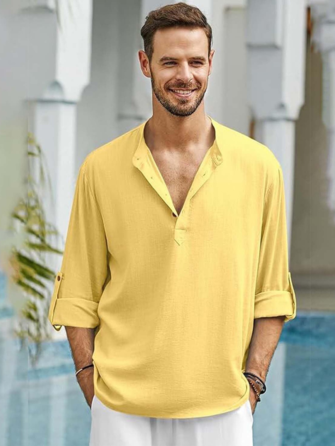 

EdinWolf Mandarin Collar Roll-Up Sleeves Pure Cotton Slim Fit Straight Short Kurta, Yellow