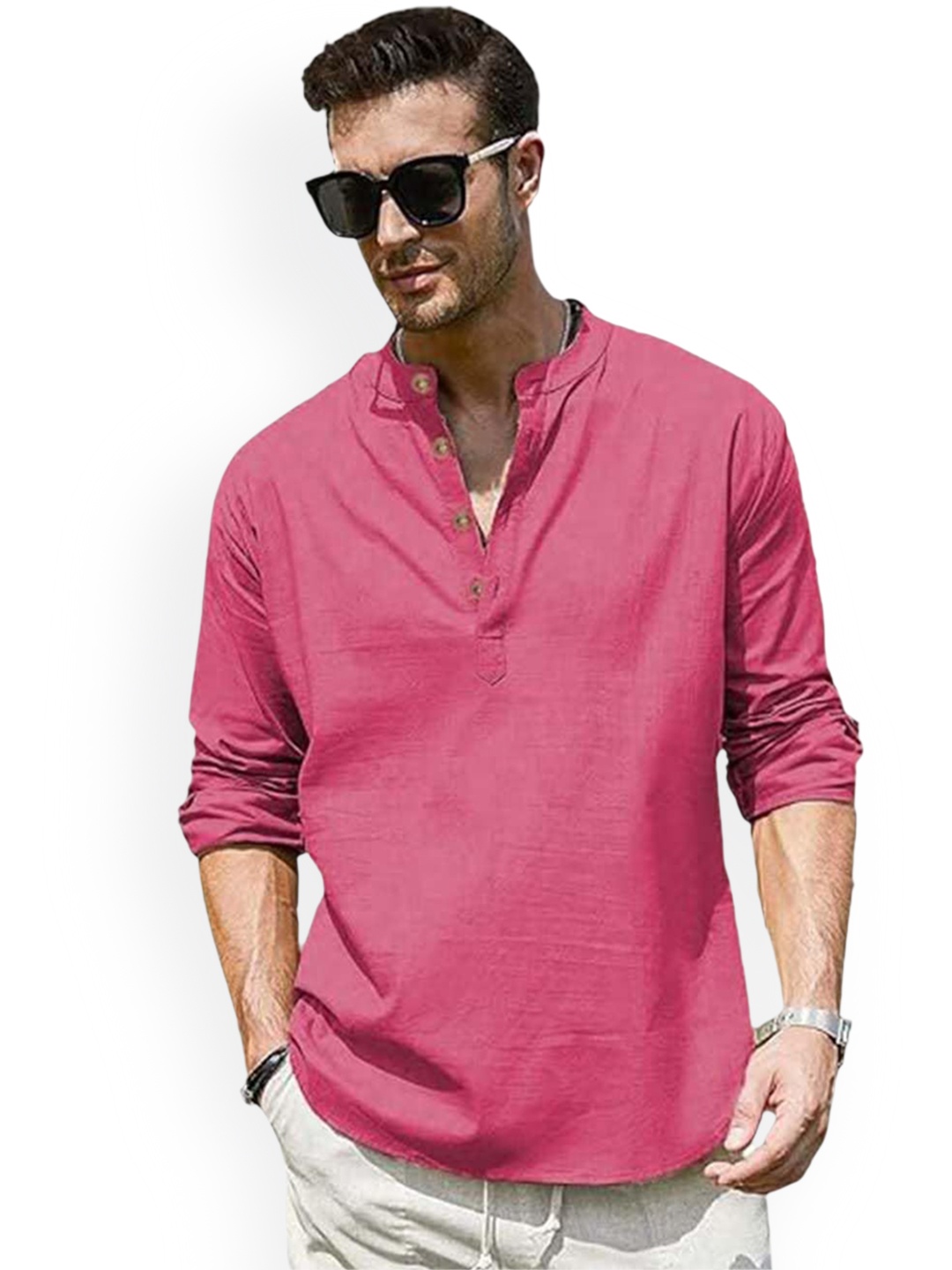 

EdinWolf Mandarin Collar Roll-Up Sleeves Pure Cotton Slim Fit Straight Short Kurta, Pink