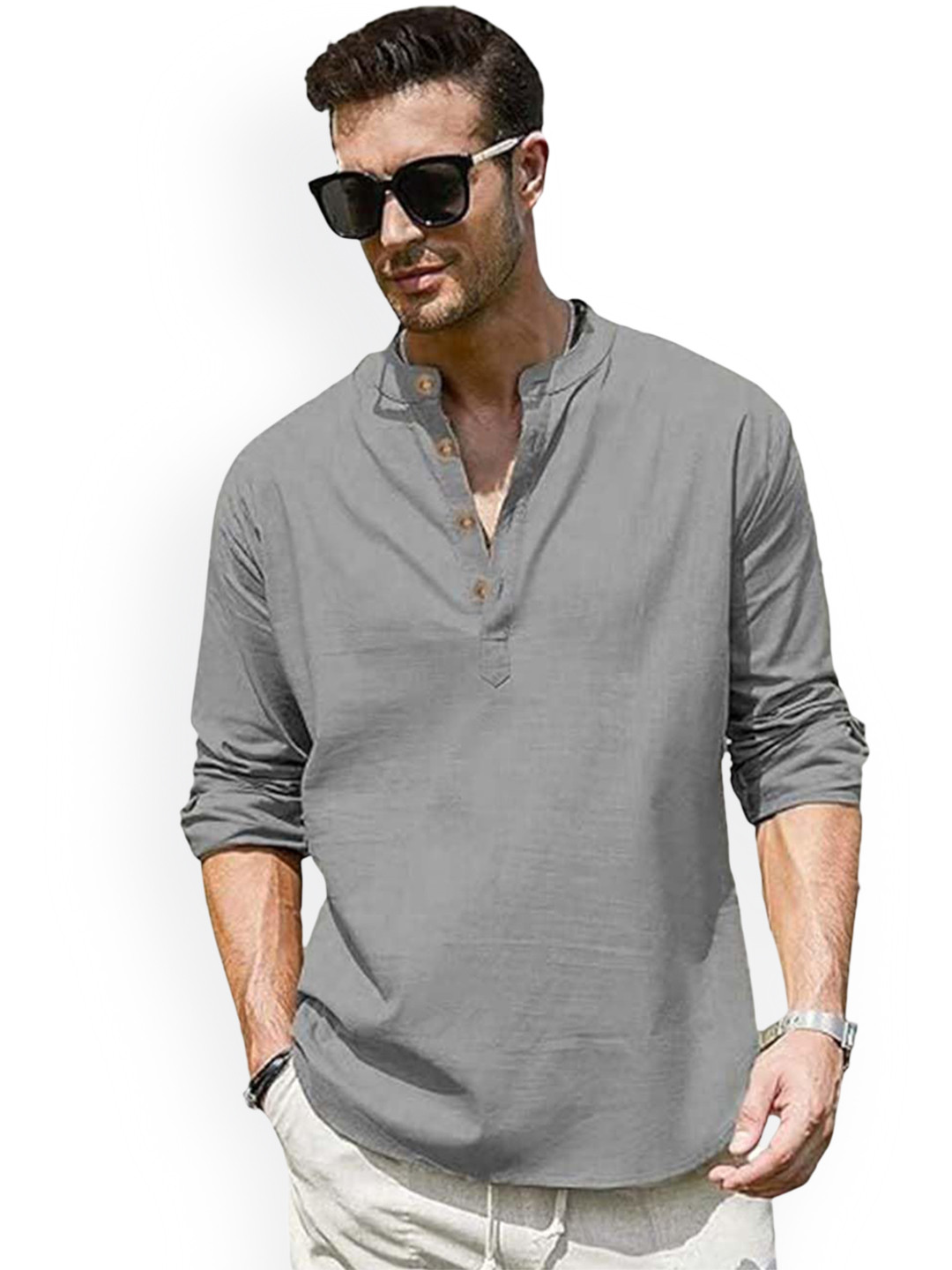 

EdinWolf Band Collar Roll-Up Sleeves Cotton Curved Kurta, Grey