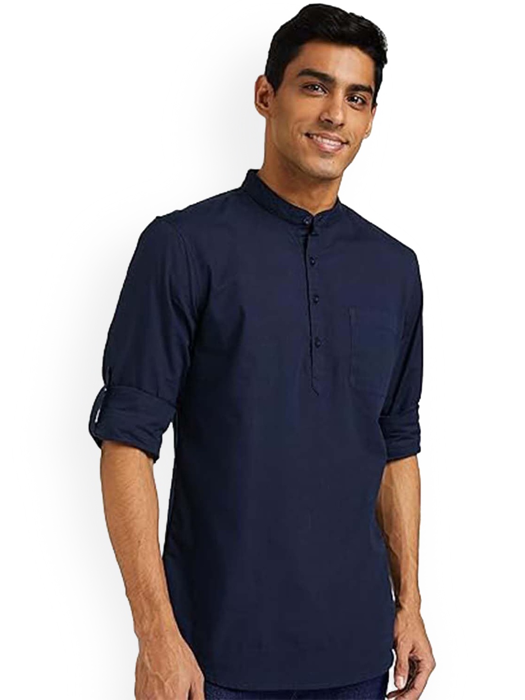 

EdinWolf Band Collar Roll-Up Sleeves Cotton Curved Kurta, Navy blue