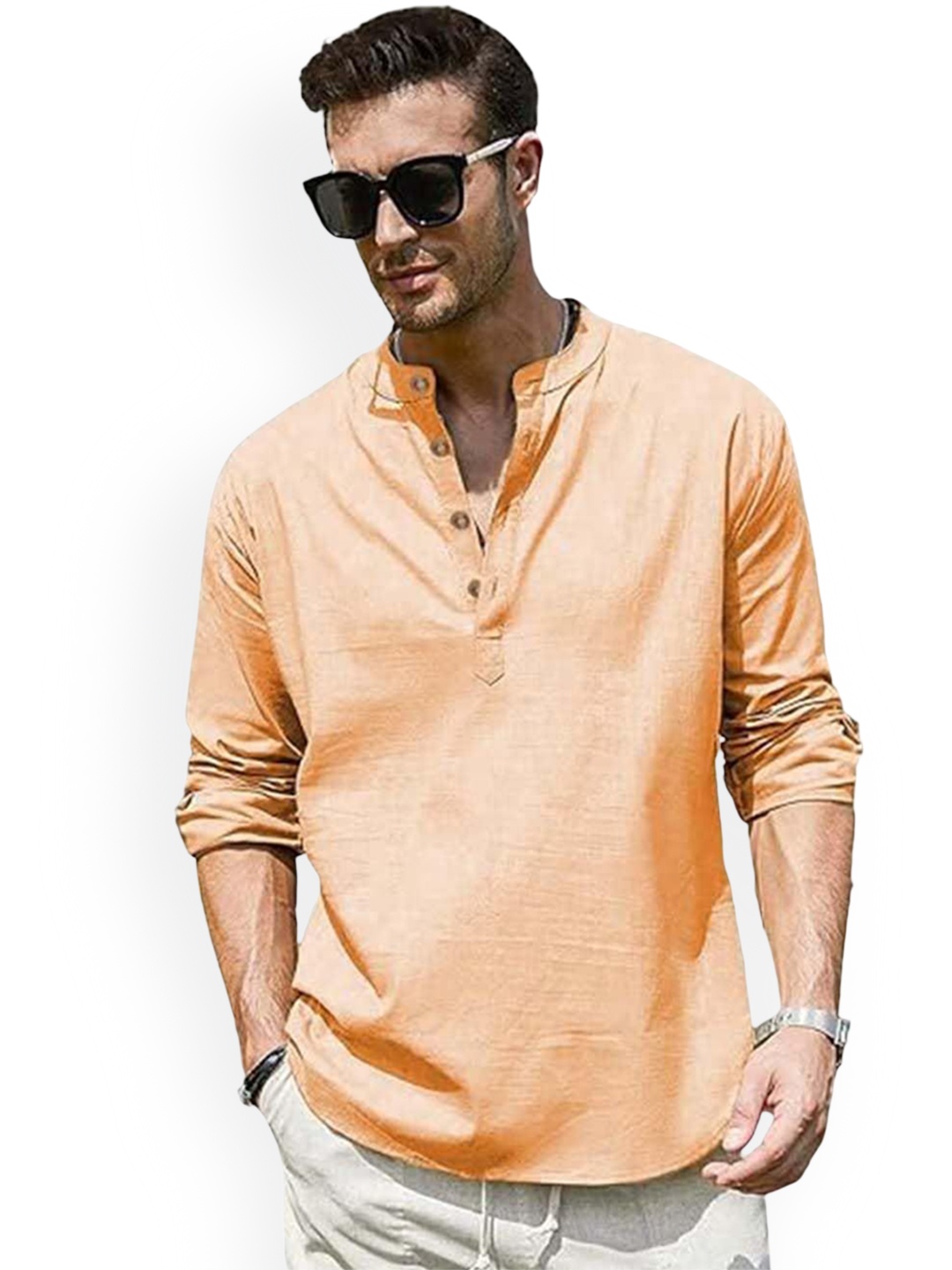 

EdinWolf Band Collar Roll-Up Sleeves Cotton Curved Kurta, Orange