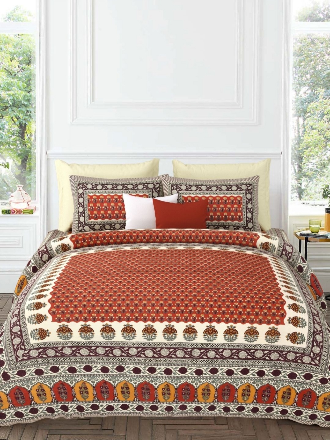 

LIVING ROOTS Red label Rust & Beige Floral Cotton 250 TC King Bedsheet Set-2.64mx2.64m