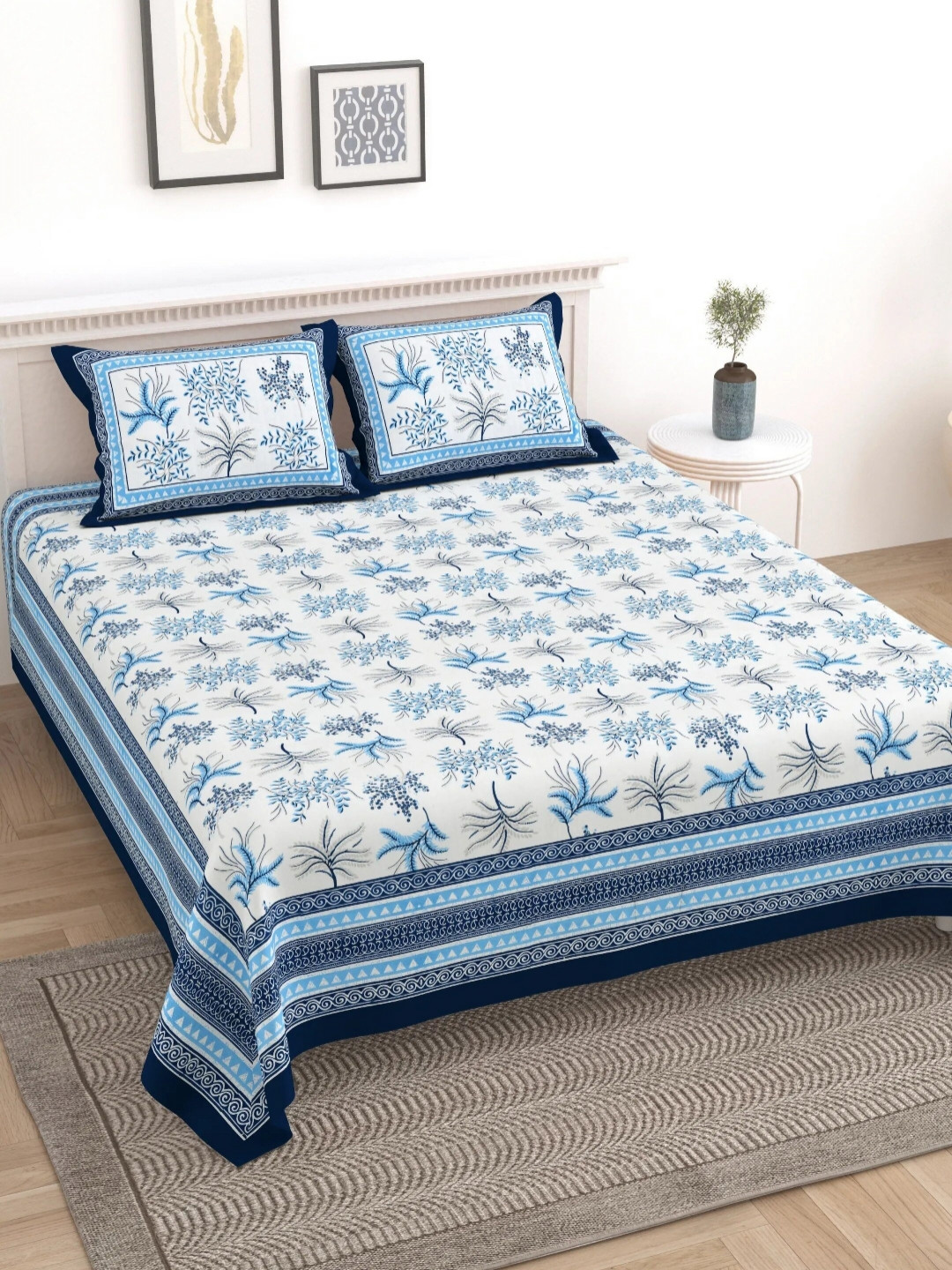

LIVING ROOTS Block Jaal Blue Floral Pure Cotton 250 TC King Bedsheet Set-2.28 m x 2.64 m