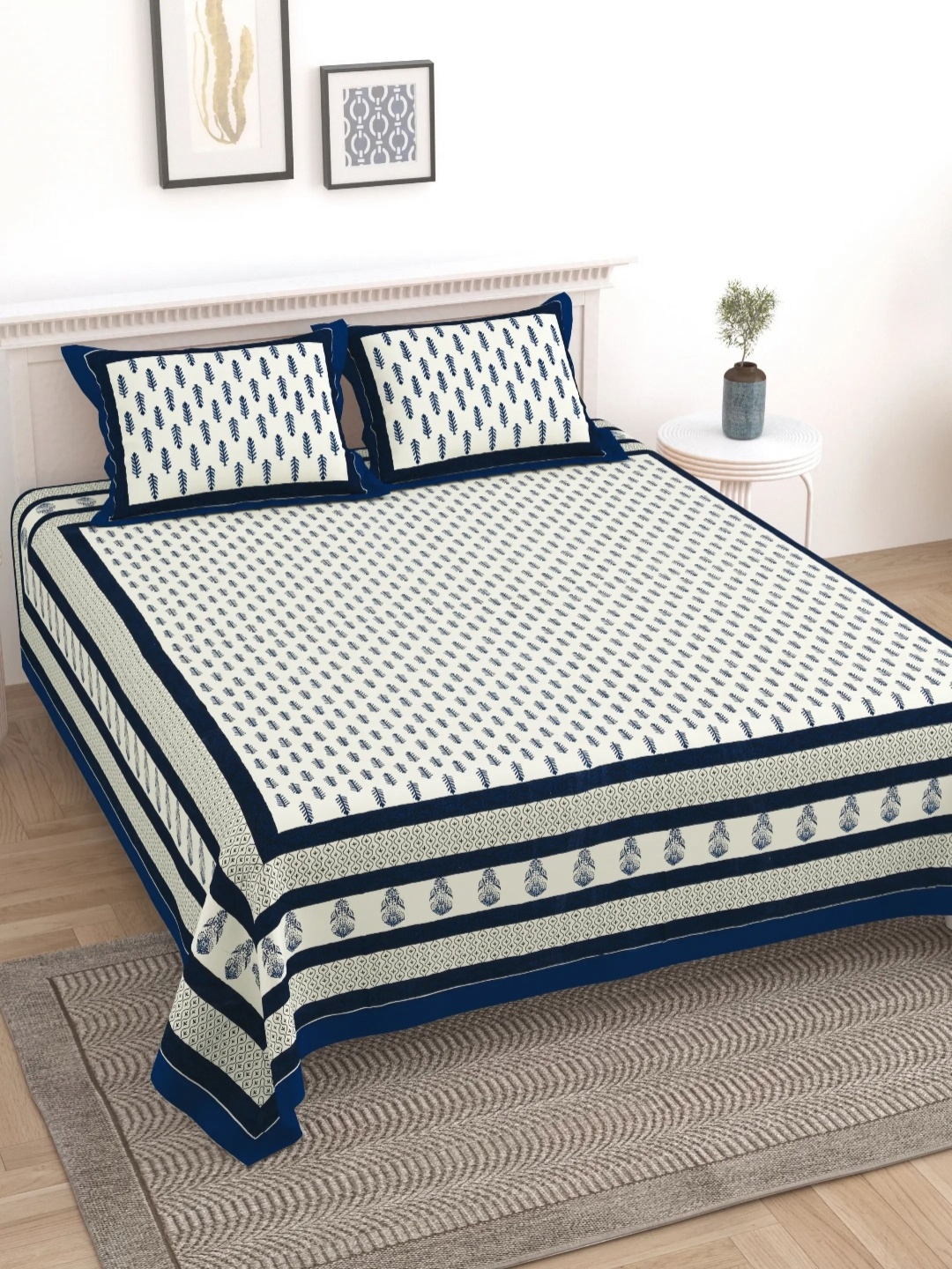 LIVING ROOTS Block Jaal White Floral Pure Cotton 250 TC King Bedsheet Set-2.28 m x 2.64 m